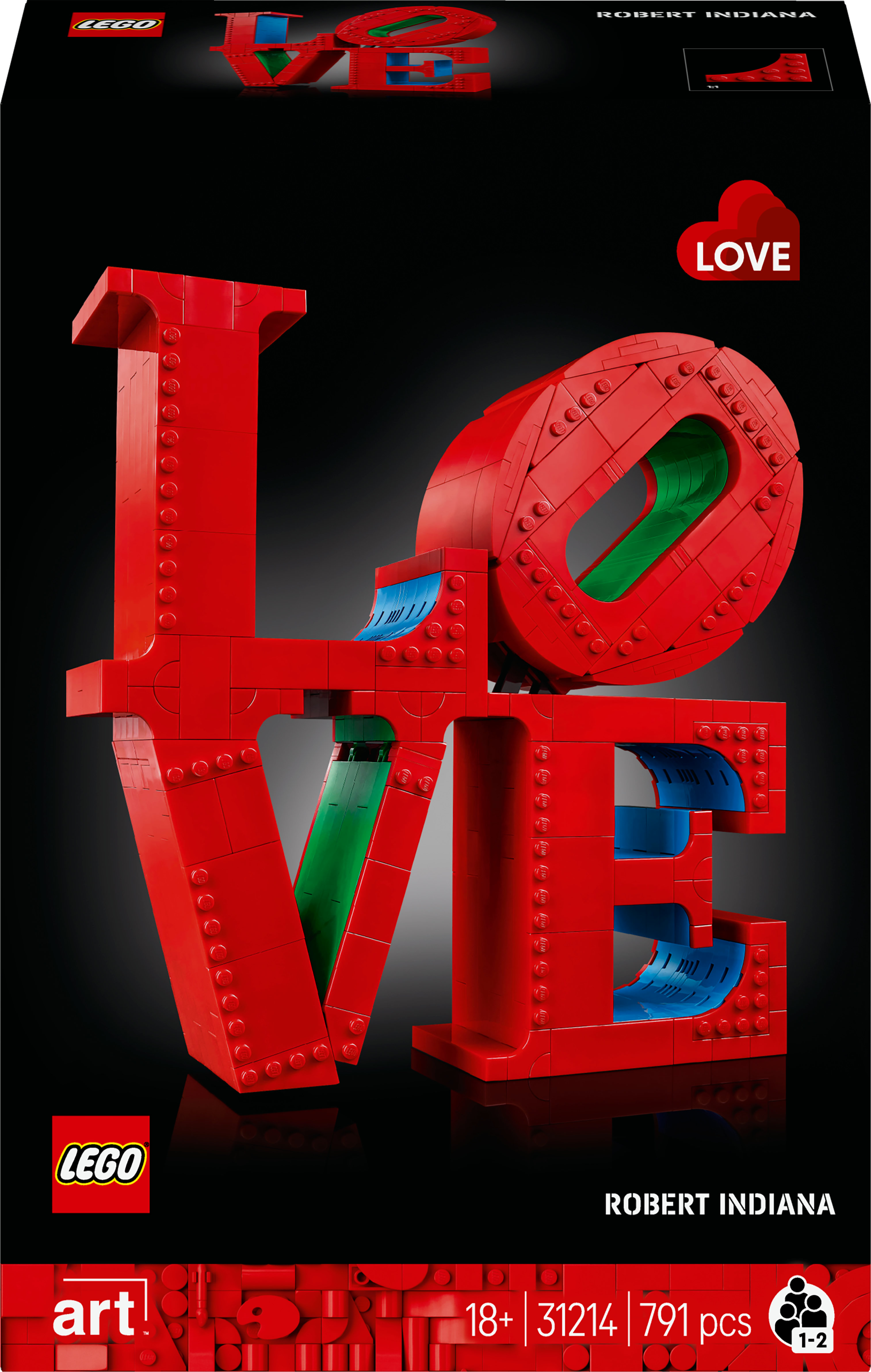 Una caja de Lego que muestra una escultura roja 'LOVE', un set de arte LEGO. Las letras tienen detalles verdes y azules.
