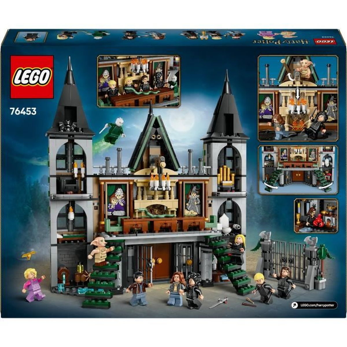 Pudełko LEGO Harry Potter Hogwart przedstawia wiele scen i minifigurek, ciemne tło.
