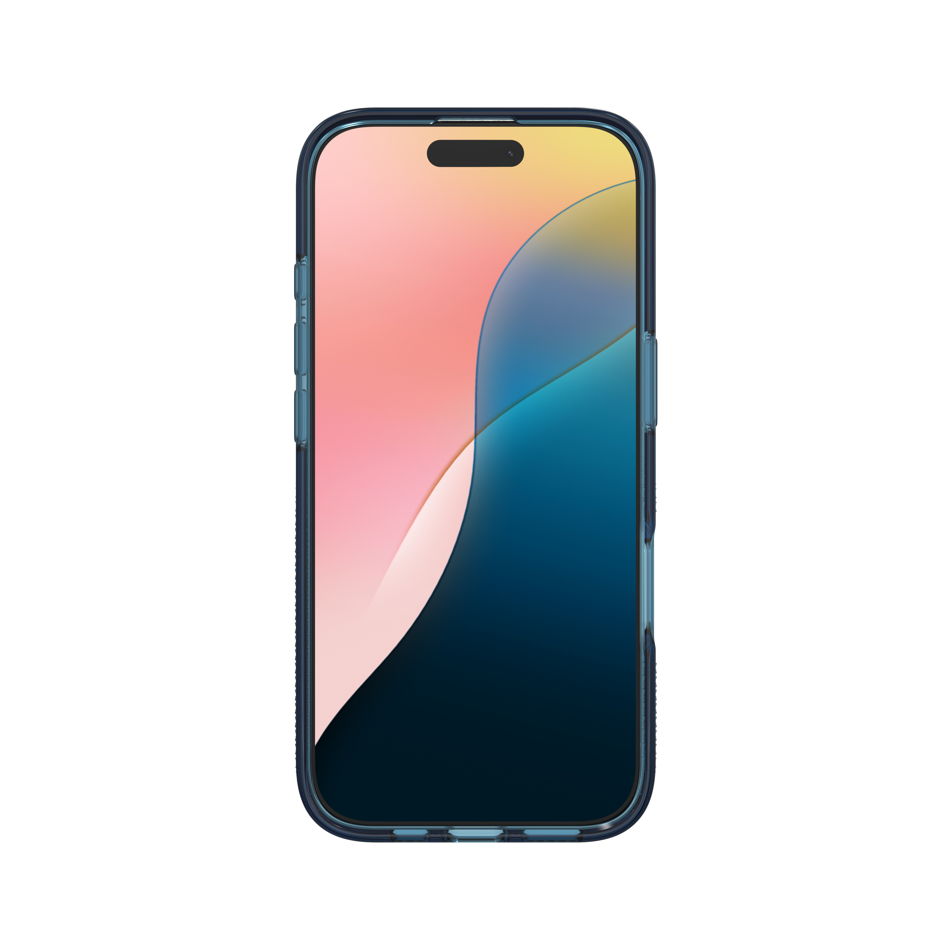 Telefono in una custodia blu. Lo schermo mostra un design astratto colorato. La custodia ha un bordo blu.