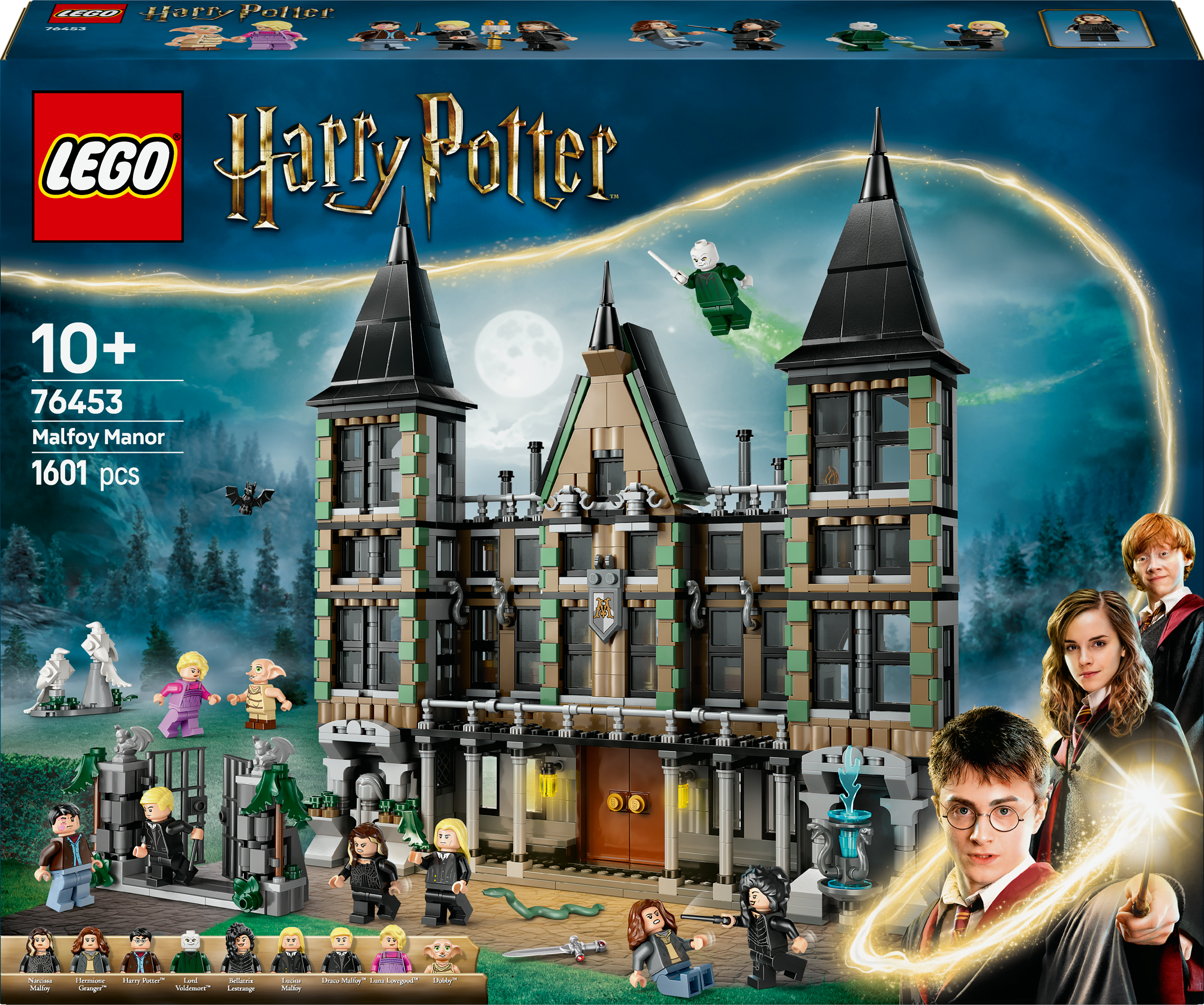 Una caja de Lego con un set de Harry Potter Malfoy Manor con personajes en la ilustración de la caja.