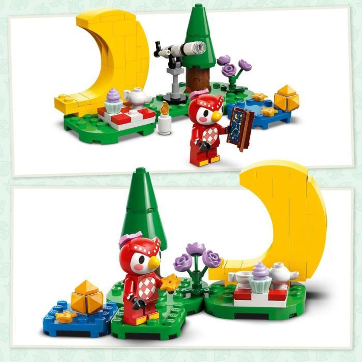Zestaw Lego z sowami i księżycem. Jedna scena pokazuje sowy z teleskopem.