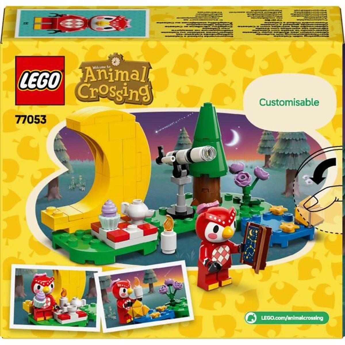 Pudełko zestawu Lego Animal Crossing przedstawiające postacie i elementy zestawu na żółtym tle.