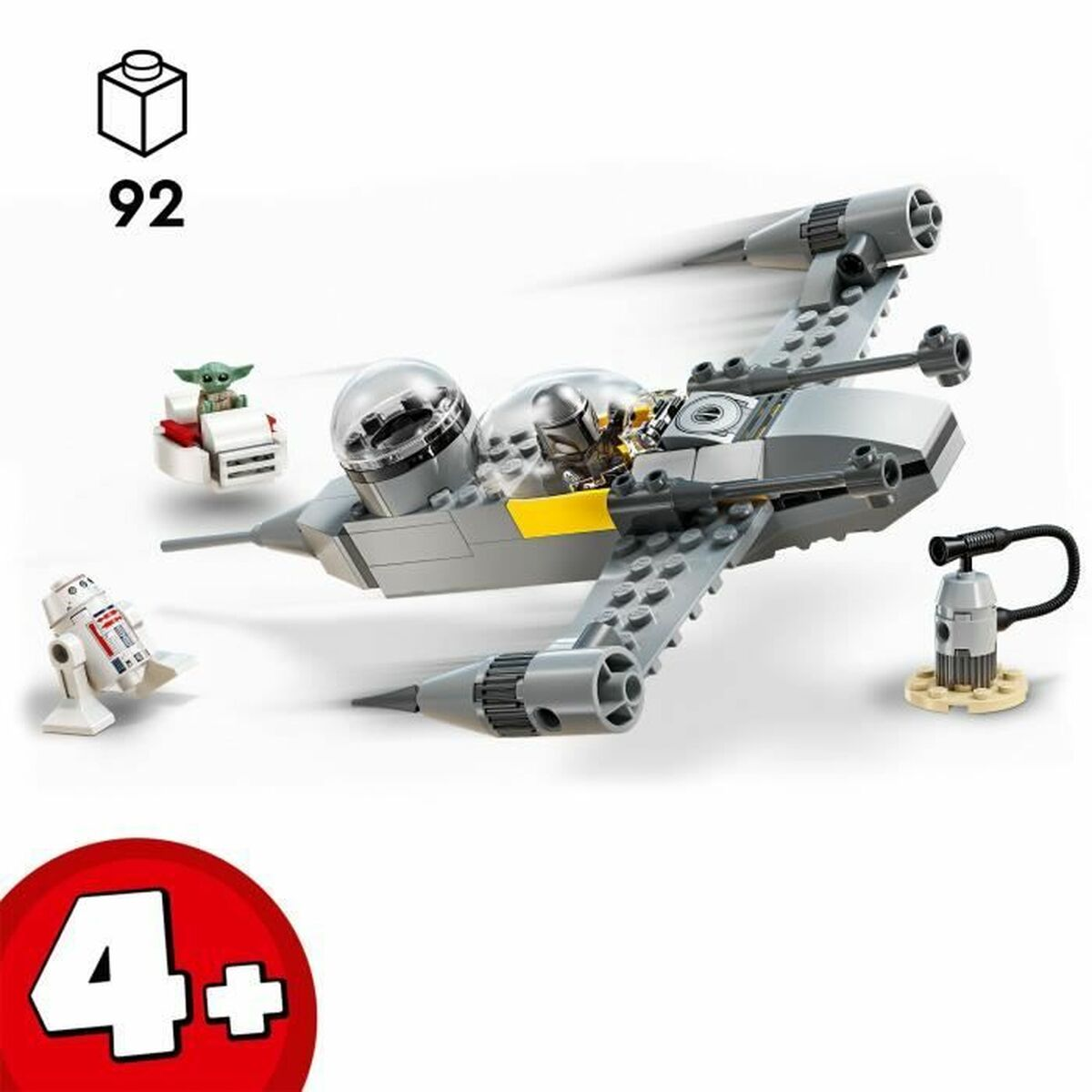 Un set Lego Star Wars que muestra la nave del Mandaloriano. Incluye minifiguras del Mandaloriano y Grogu.