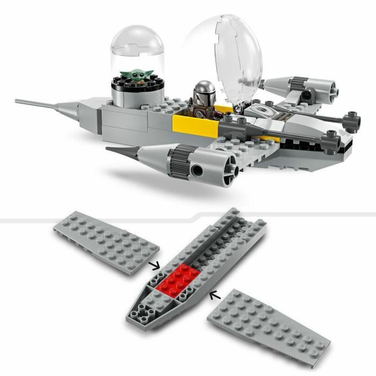 Un set Lego con la nave del Mandaloriano. La nave tiene una cúpula transparente y detalles amarillos.