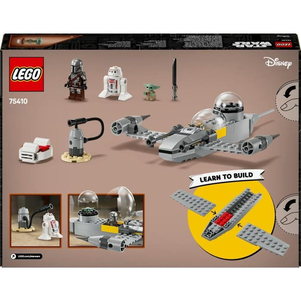 La parte trasera de una caja LEGO con una nave espacial y pequeñas figuras LEGO. El fondo es blanco.