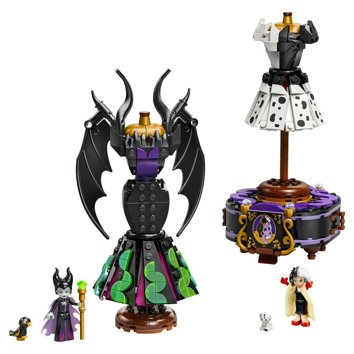 Zestaw Lego Disney z formami sukienek Maleficent i Cruelli De Vil oraz minifigurkami postaci.
