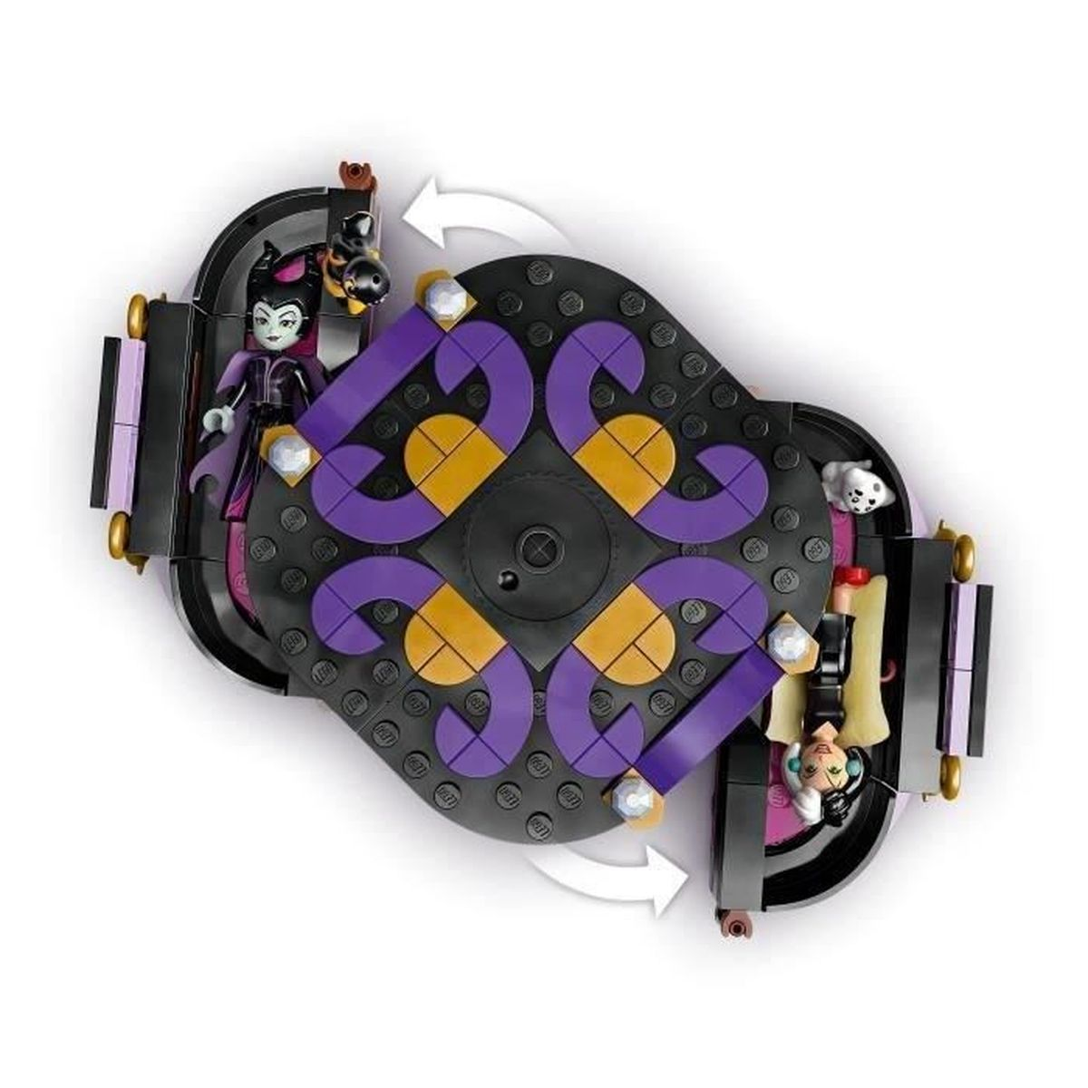 Zestaw LEGO z dwiema figurkami i obracaną funkcją zabawy. Zawiera ciemną kolorystykę z fioletowymi i złotymi akcentami.