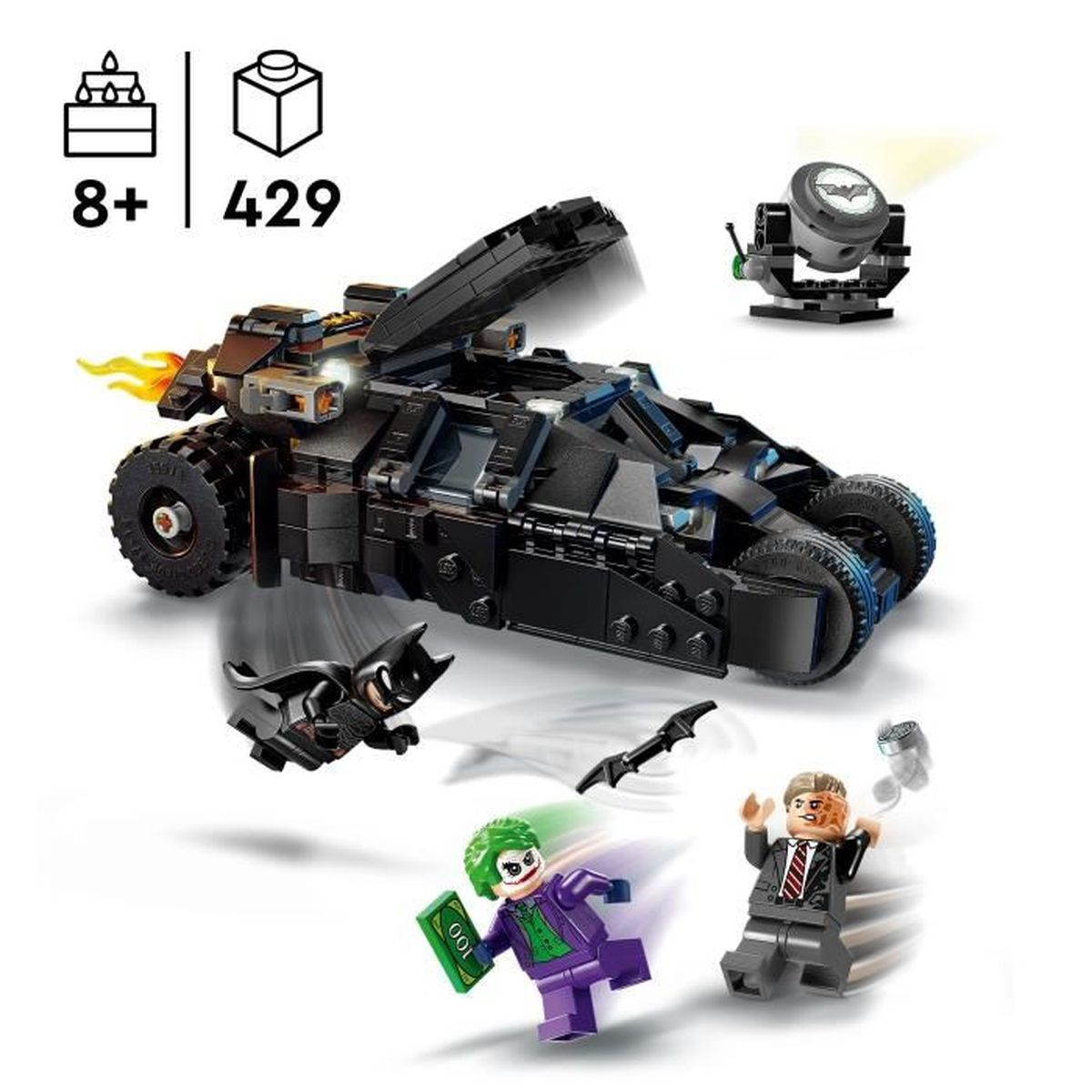 Zestaw Lego z Tumblerem Batmana, Batmanem, Jokerem i minifigurkami Two-Face. Zawiera Bat-Signal i wiek 8+.
