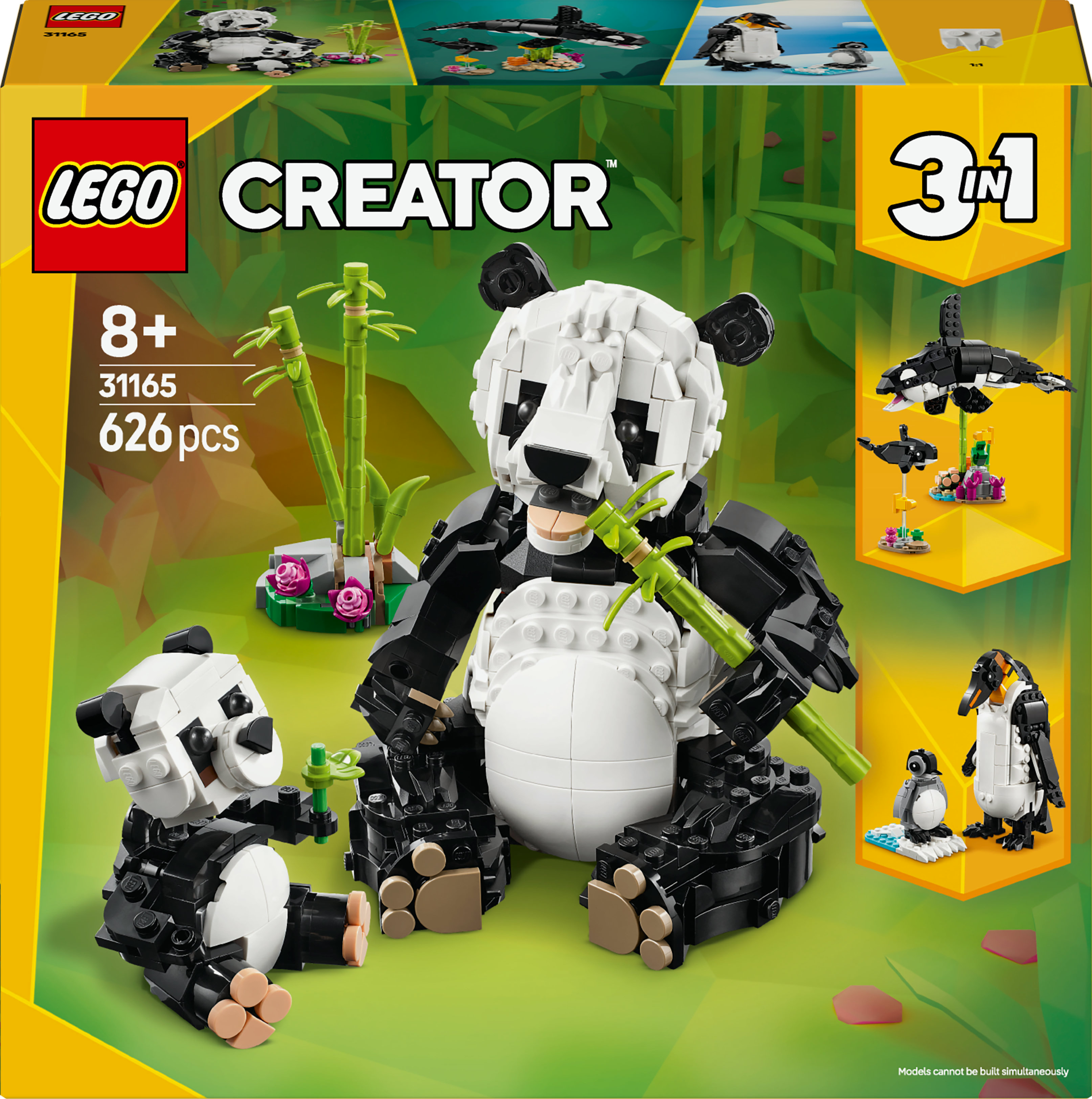 Set Lego Creator Panda. Panda grande con bambú y un panda bebé, y una caja pequeña con otras construcciones.