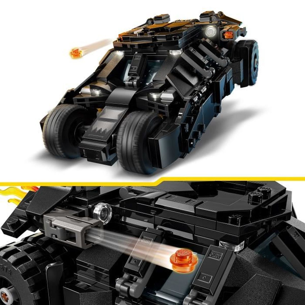 Czarny Batmobil Lego z dużymi kołami, szczegółowym przodem i pociskiem wystrzeliwującym pomarańczowy klocek Lego. Znajduje się na białym tle.