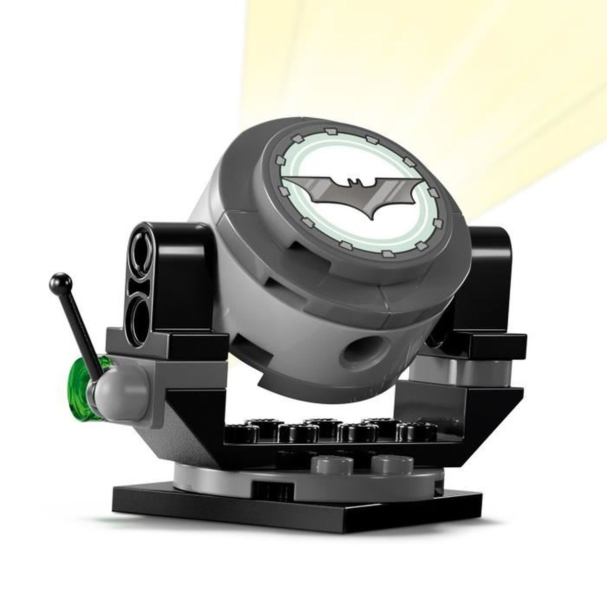 Reflektor LEGO z symbolem Batmana. Ma szarą i czarną kolorystykę ze światłem.
