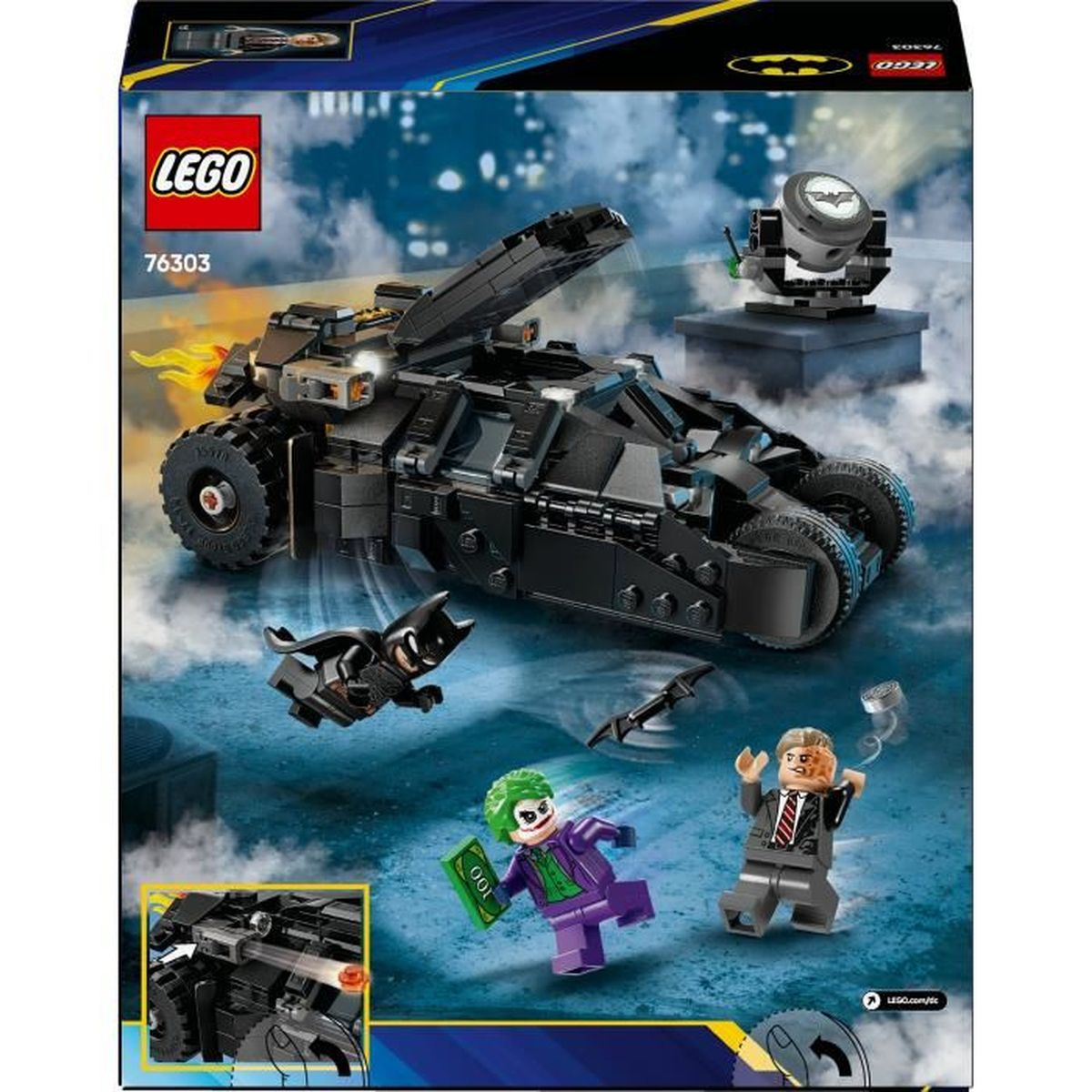 Zestaw Lego: Batmana Tumbler z figurkami Batmana, Jokera i Two-Face'a. Czarne i szare klocki Lego.