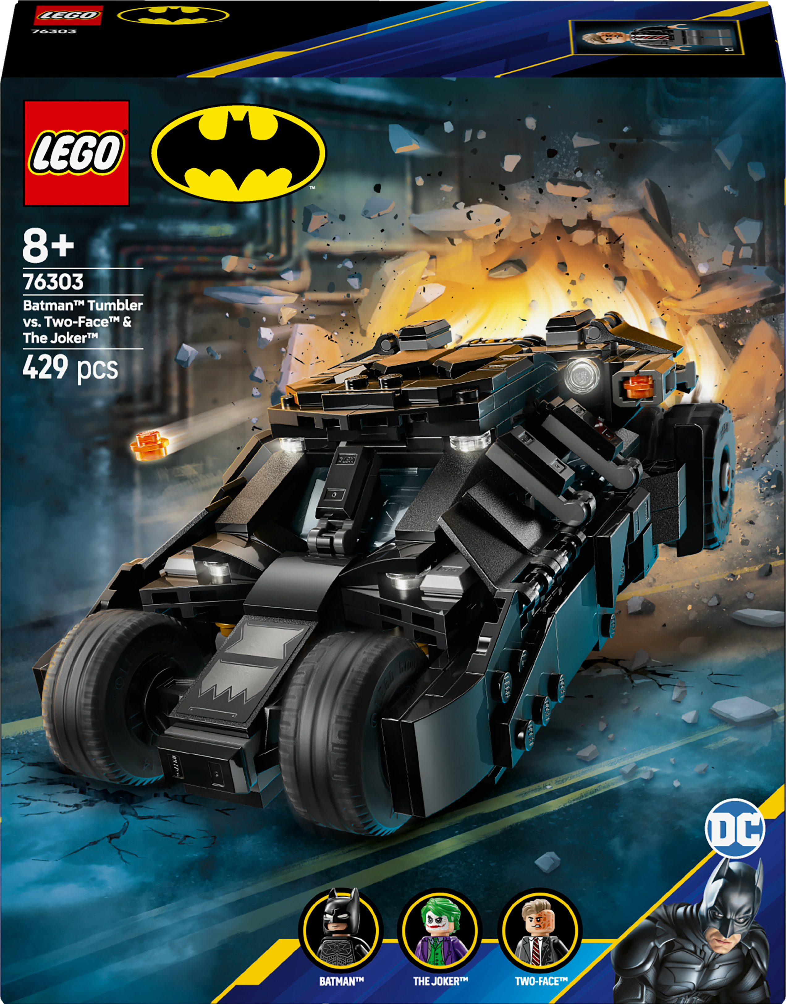 Caja Lego Batman Tumbler. La caja muestra el Batmóvil Tumbler. Incluye minifiguras de Batman, Joker y Dos Caras.