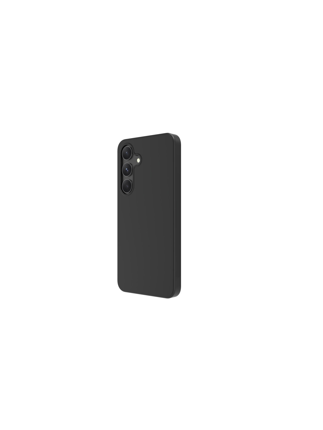 Smartphone nero con tre fotocamere posteriori, visto da dietro. Sfondo bianco, oggetto isolato.