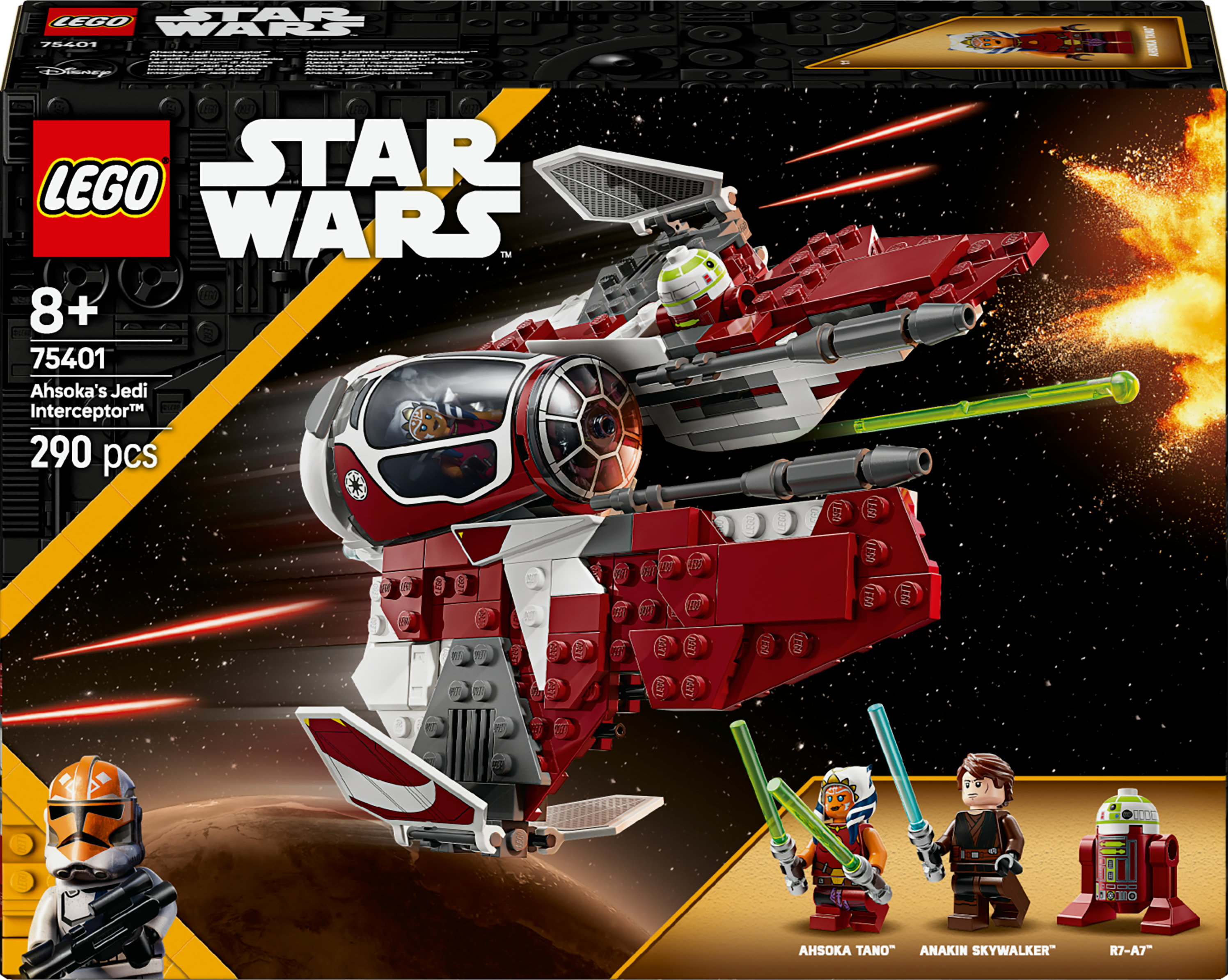 Caja Lego Star Wars Jedi Interceptor de Ahsoka. Muestra el caza estelar, Ahsoka, Anakin y R7-A7.