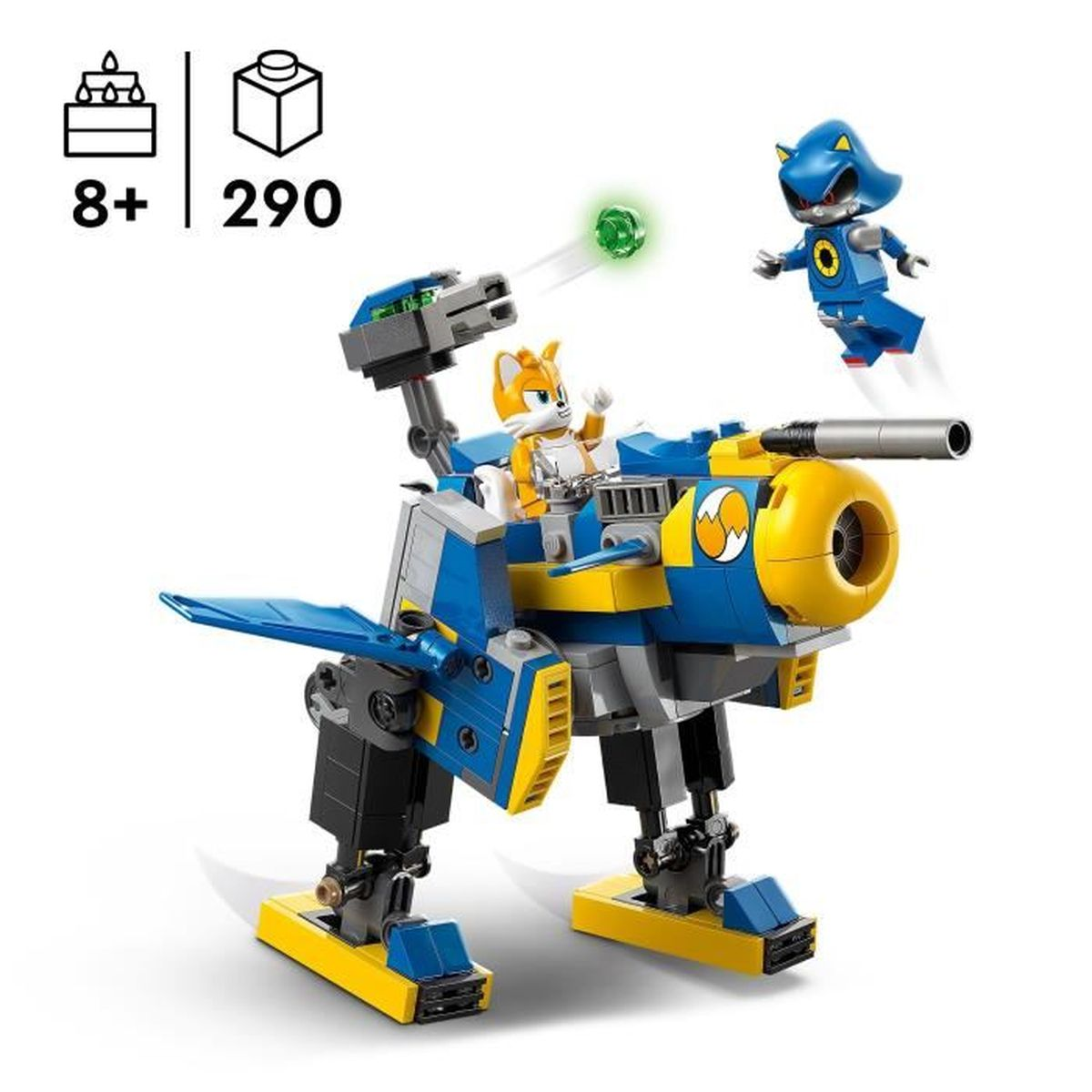 Lego Sonic the Hedgehog mech. Niebiesko-żółty mech z Tailsem w kokpicie i figurką Metal Sonica.