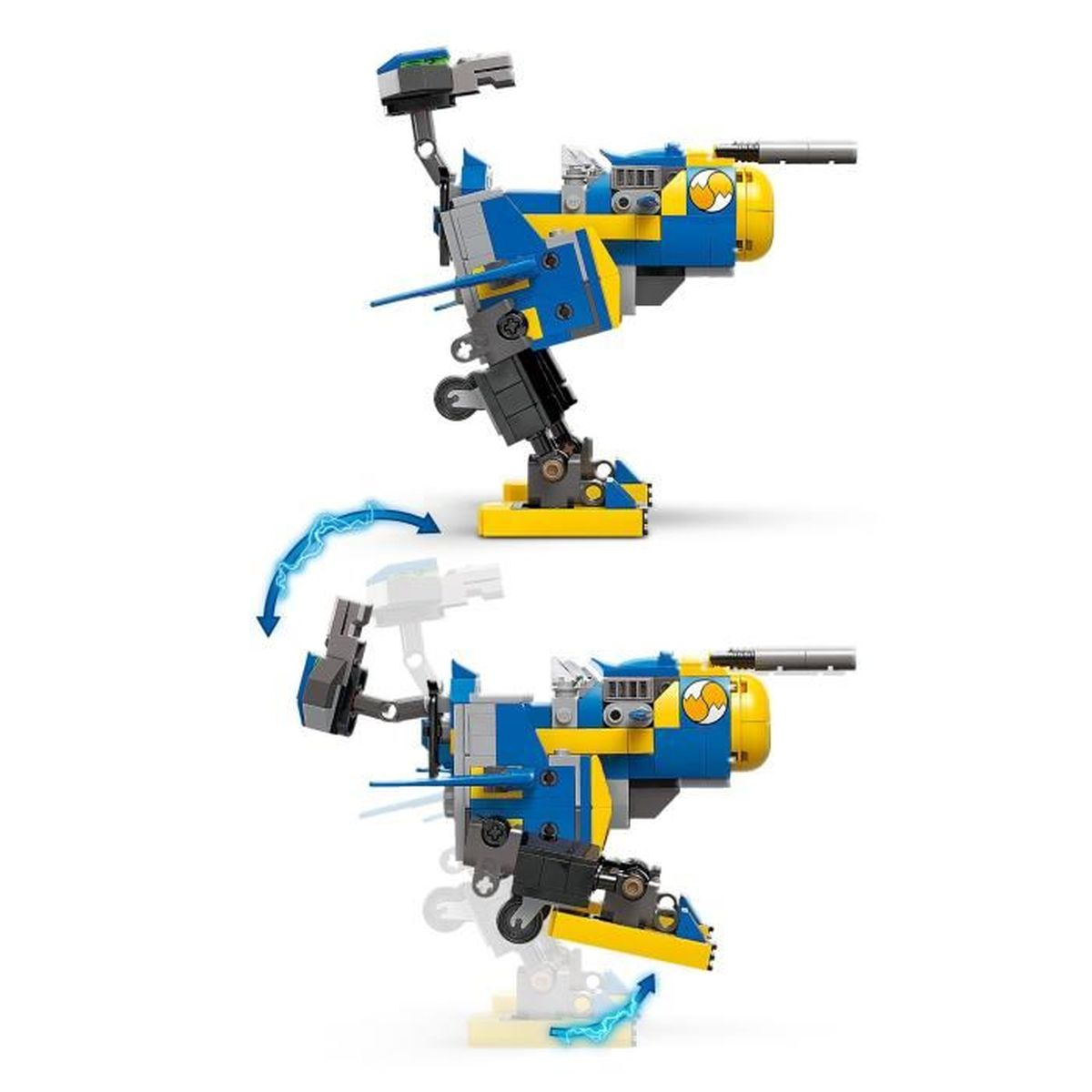 Lego Sonic the Hedgehog mech. Niebiesko-żółty mech z Tailsem w kokpicie i figurką Metal Sonica.