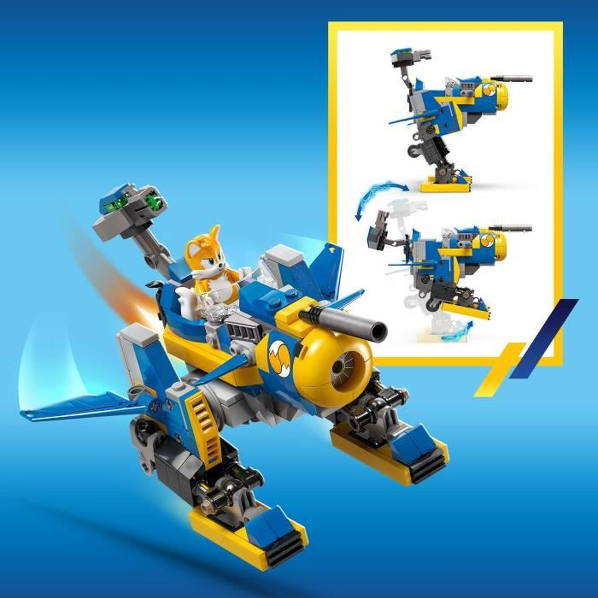 Model Lego niebiesko-żółtego pojazdu z figurką Tails na niebieskim tle.