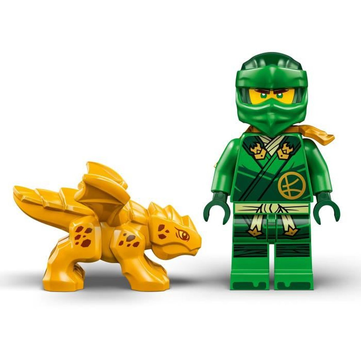 Zestaw Lego Ninjago zawiera zieloną figurkę ninja i żółtego smoka. Tło jest białe.