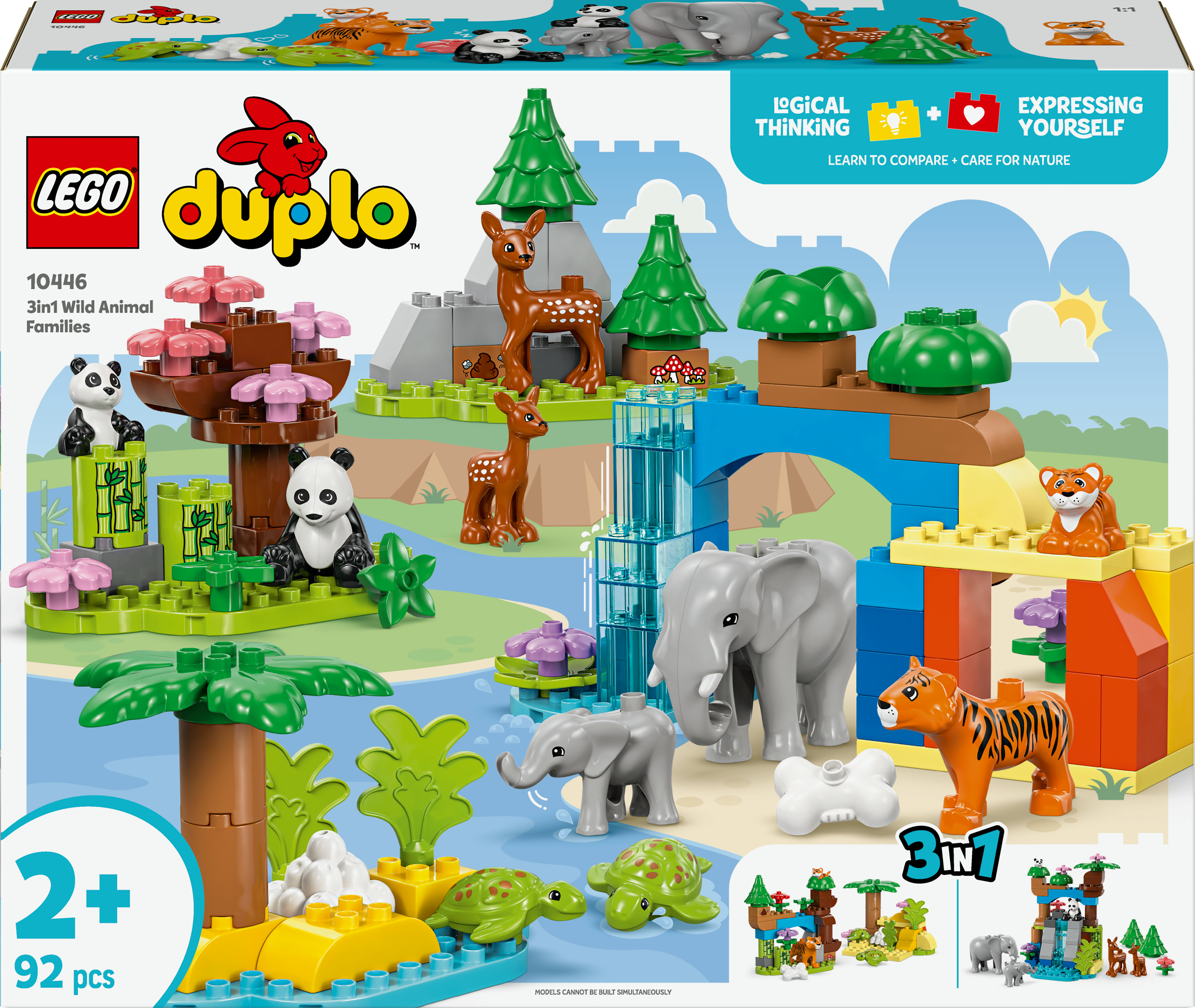 Un set de Lego Duplo con familias de animales, incluyendo pandas, ciervos, elefantes y tigres, sobre fondo blanco.