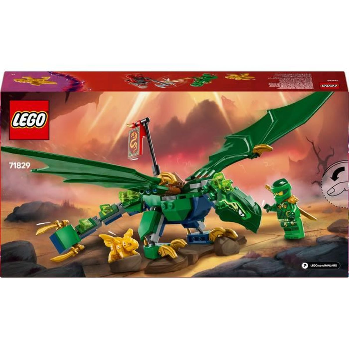 Zestaw LEGO Ninjago z zielonym smokiem i minifigurką ninja. Pudełko zawiera smoka i ninja.