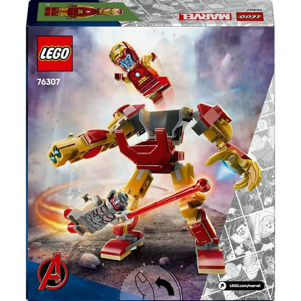 Zestaw LEGO Marvel z Iron Manem w zbroi mech walczącym z Ultrone, z Kapitanem Ameryką.