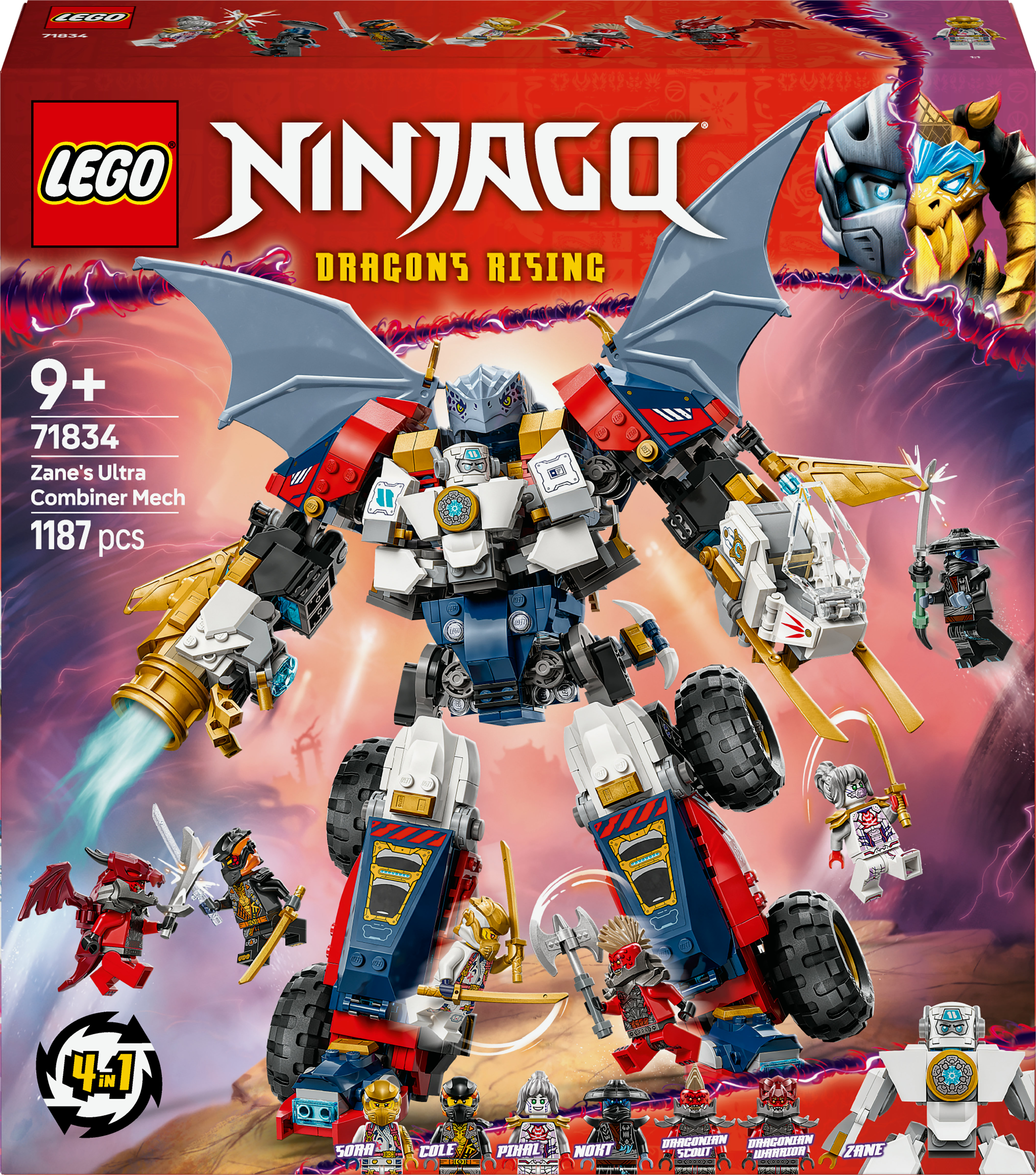 Una caja de set Lego Ninjago con una figura de meca grande y varias minifiguras sobre fondo blanco.