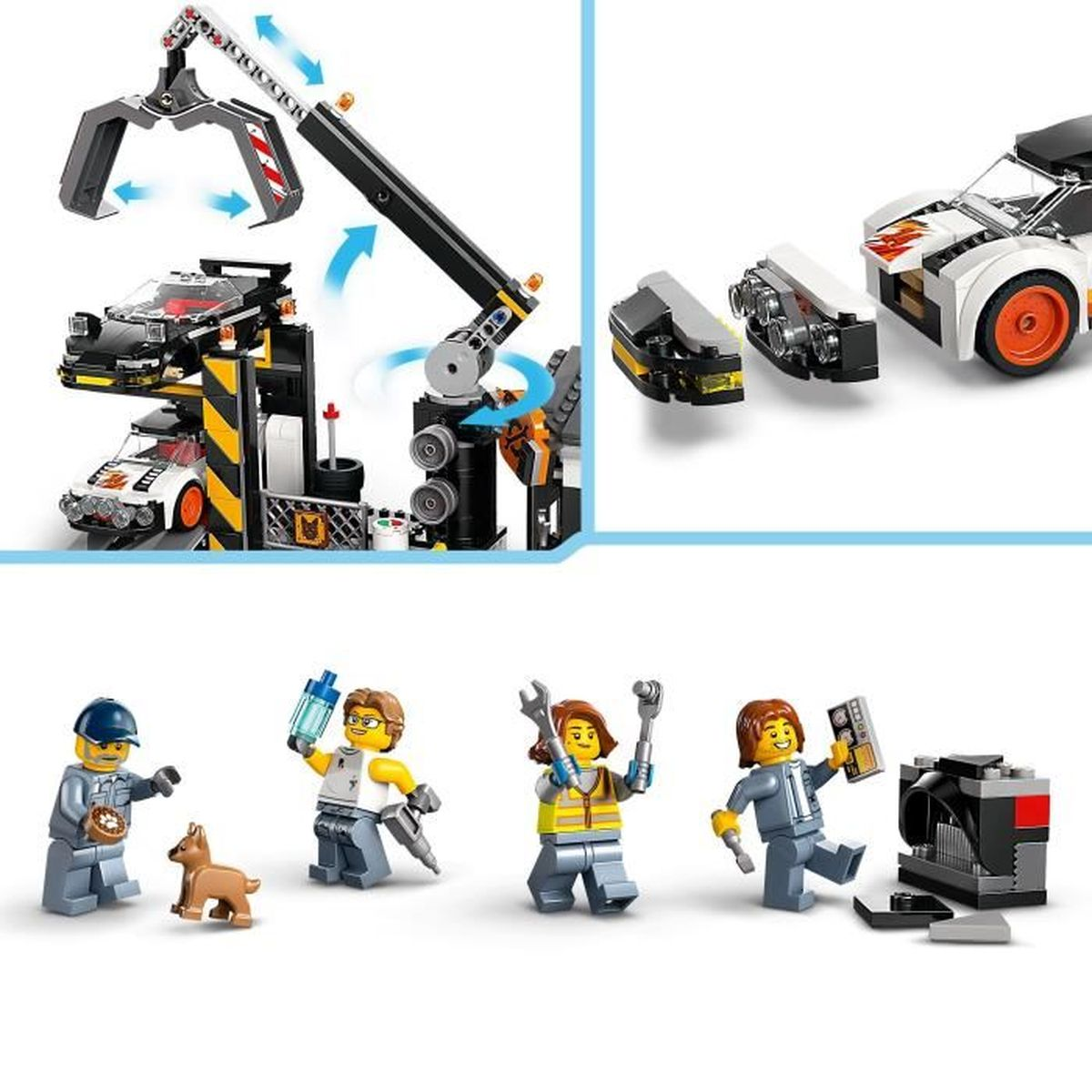Zestaw Lego przedstawia scenę naprawy samochodu. Zawiera dźwig, samochody, narzędzia i figurki Lego mechaników i psa.