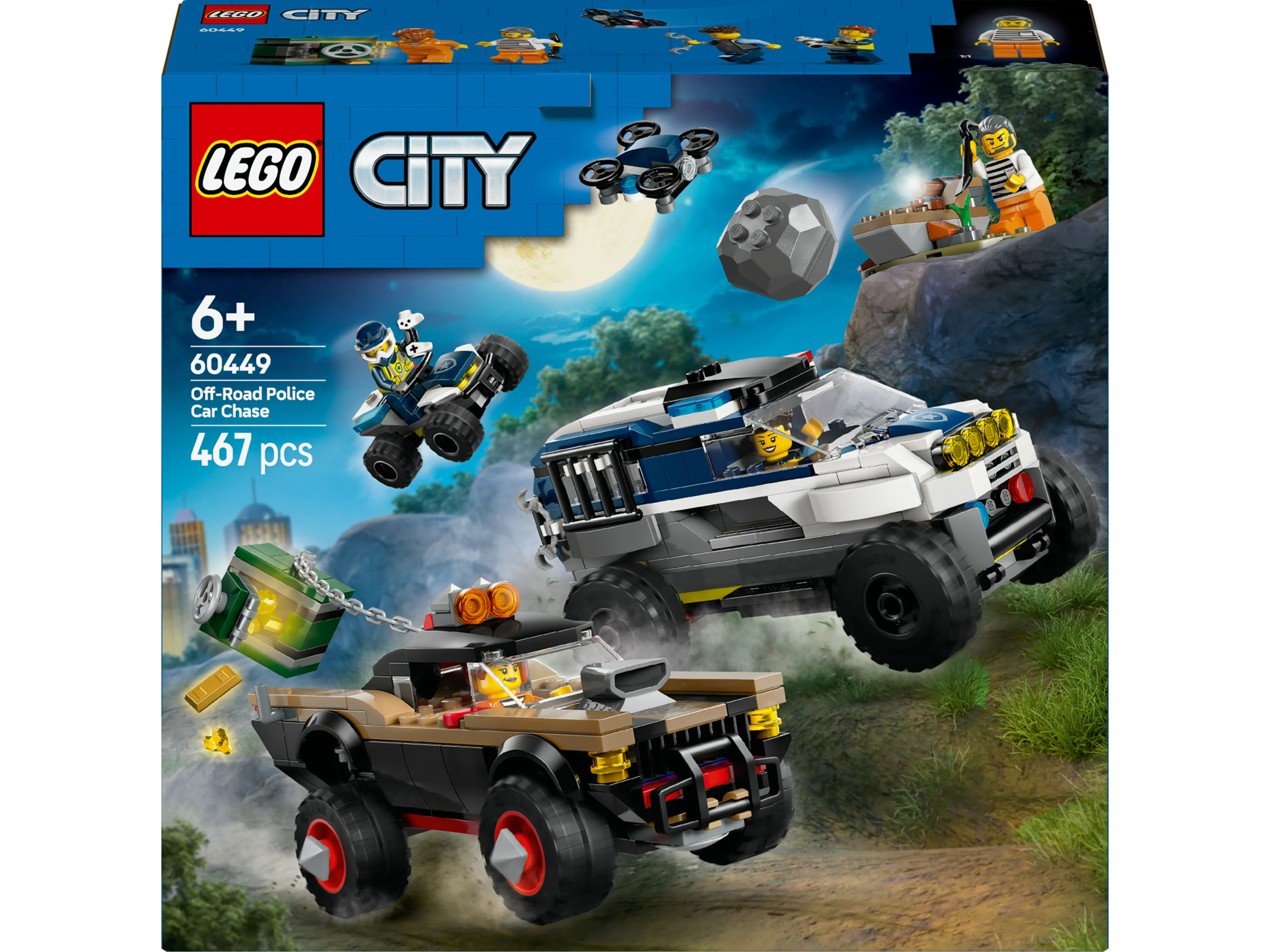 Zestaw LEGO City z dwoma samochodami terenowymi policji ścigającymi przestępcę. Zestaw zawiera skaliste tło.