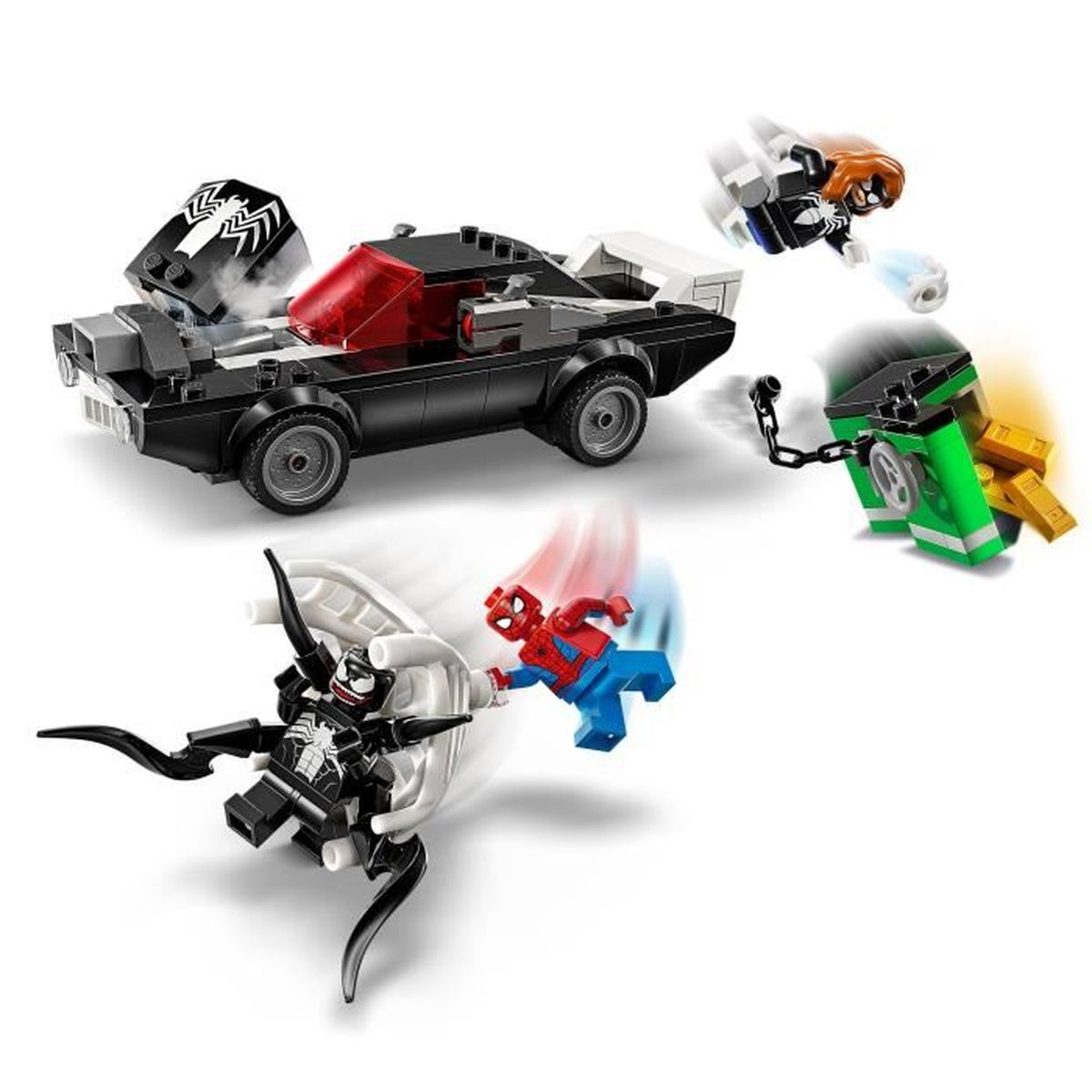 Zestaw Lego Marvel z czarnym samochodem, Spider-Manem, Venomem i innymi minifigurkami w akcji.