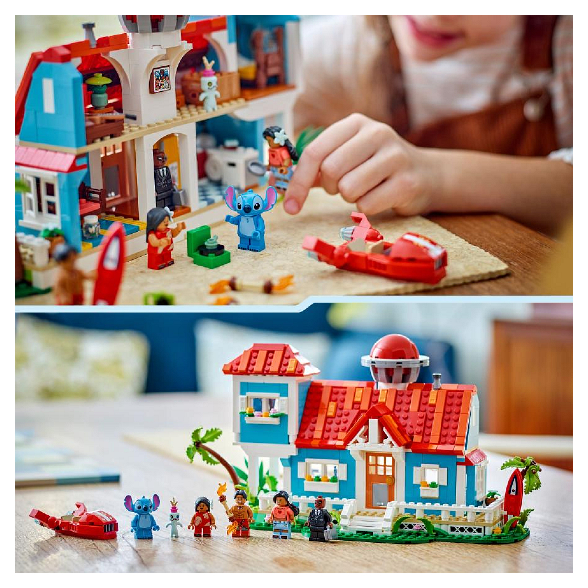 Zestaw Lego domu na plaży Lilo i Stich, z figurkami i czerwonym samolotem. Jedno zdjęcie pokazuje dziecko składające zestaw.