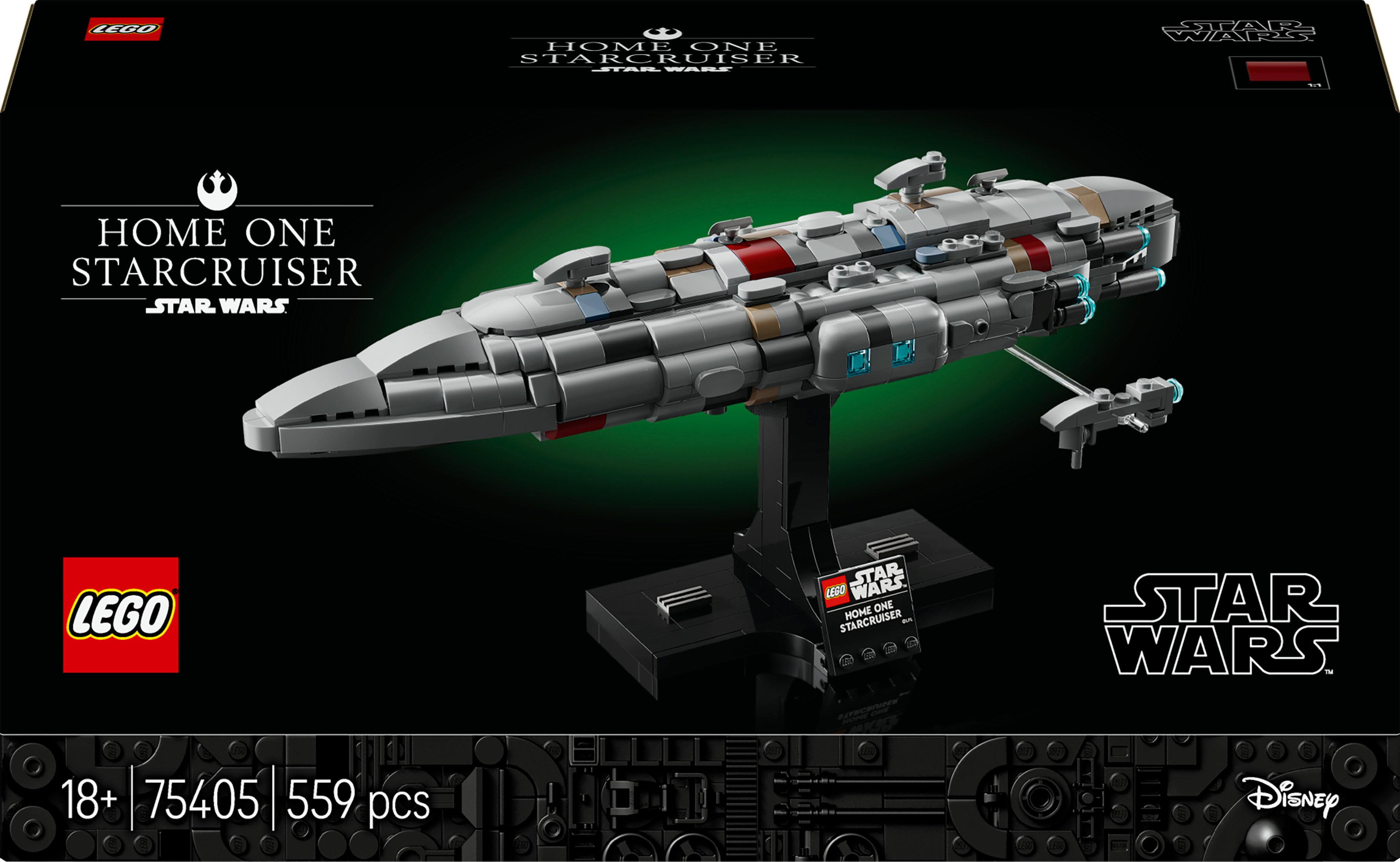 Caja Lego Star Wars Home One Star Cruiser. La imagen muestra el set con el logotipo y detalles sobre fondo negro.