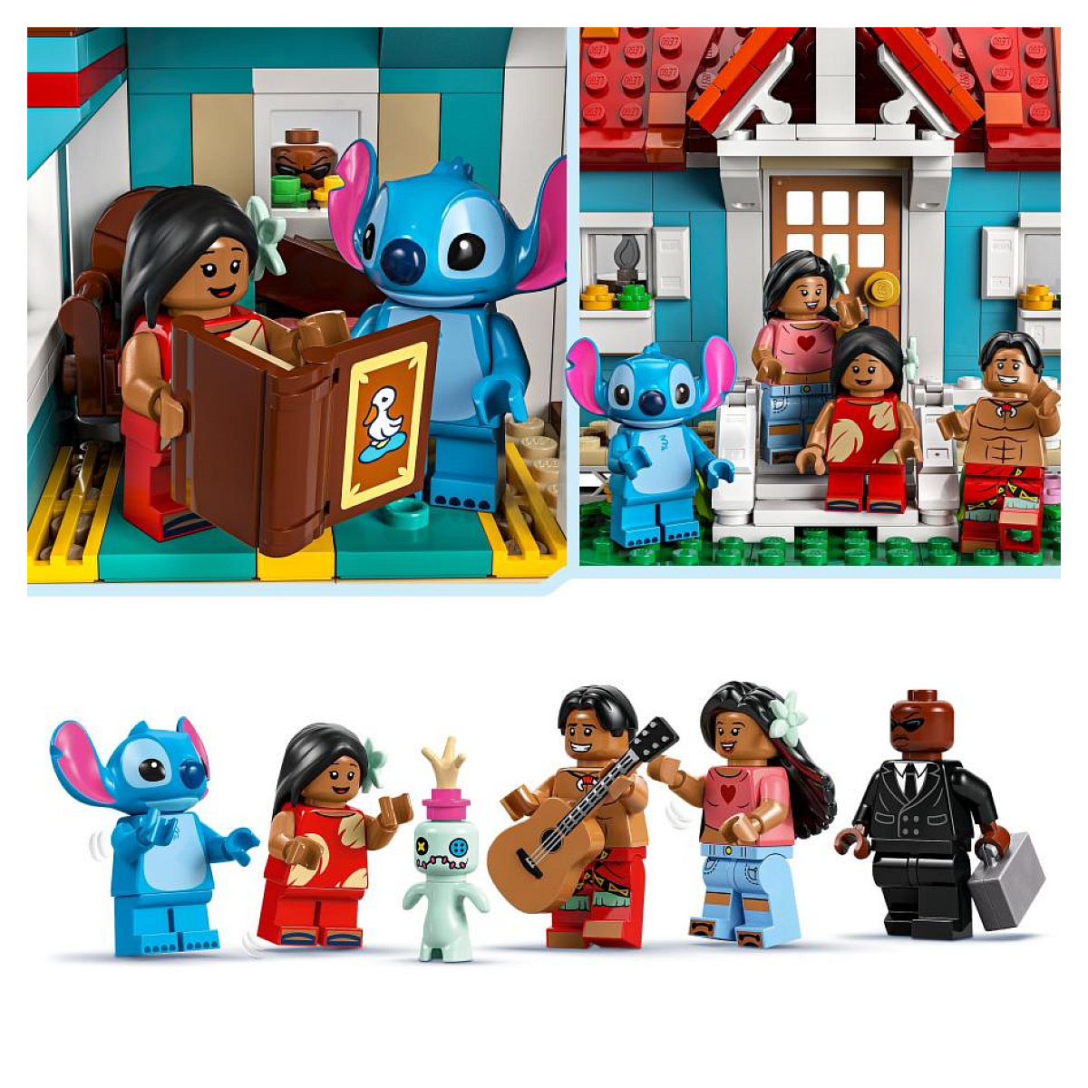 Kilka figurek Lego z serii Lilo & Stitch, ze Stitchem, Lilo i innymi, wewnątrz i na zewnątrz budynku.