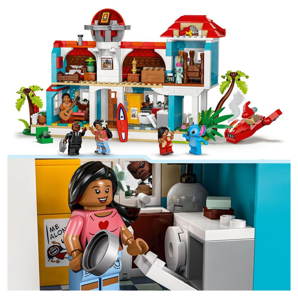 Dom Lego z postaciami i szczegółami wnętrz. Dziewczyna jest w kuchni.