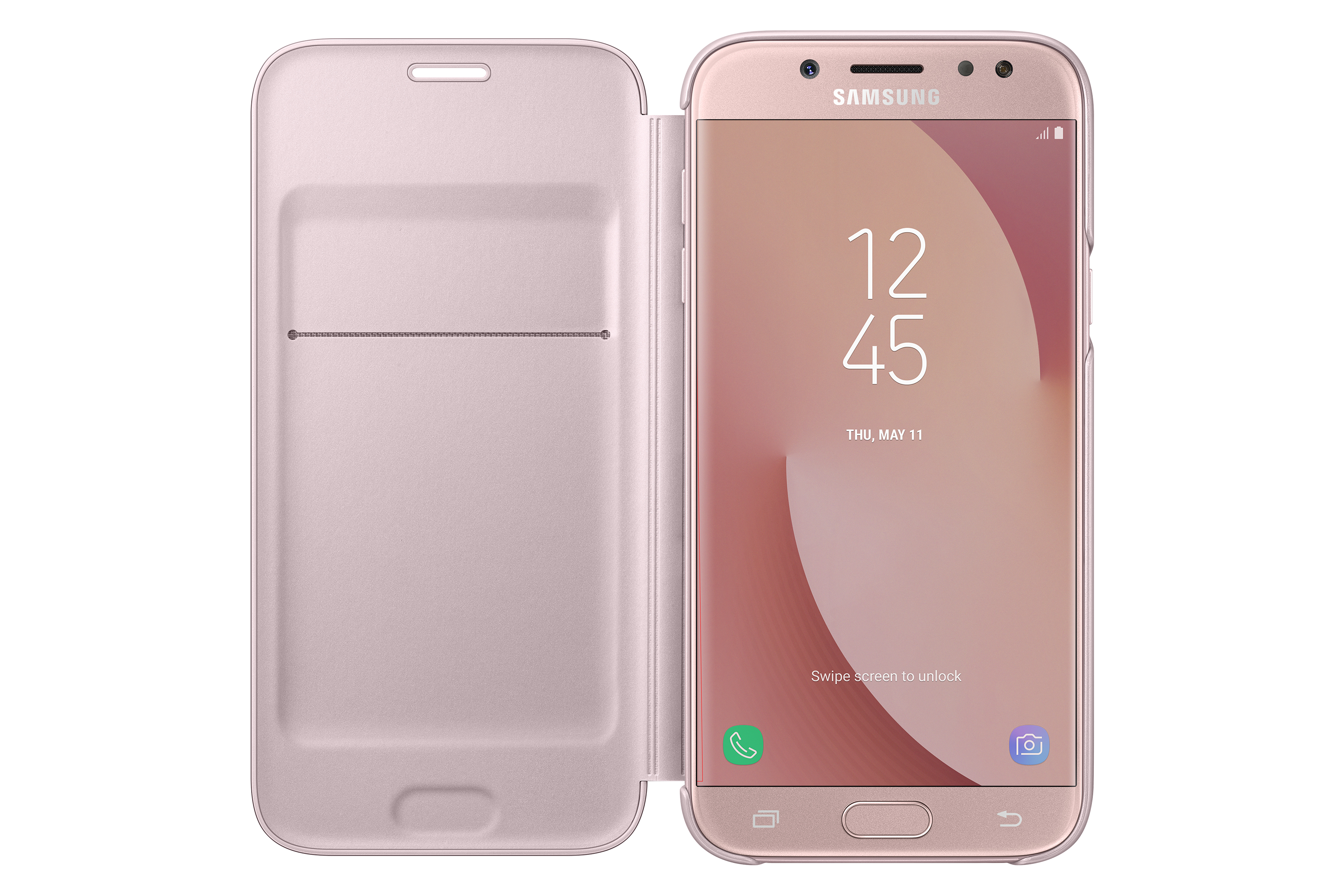 Teléfono rosa en una funda tipo cartera rosa.