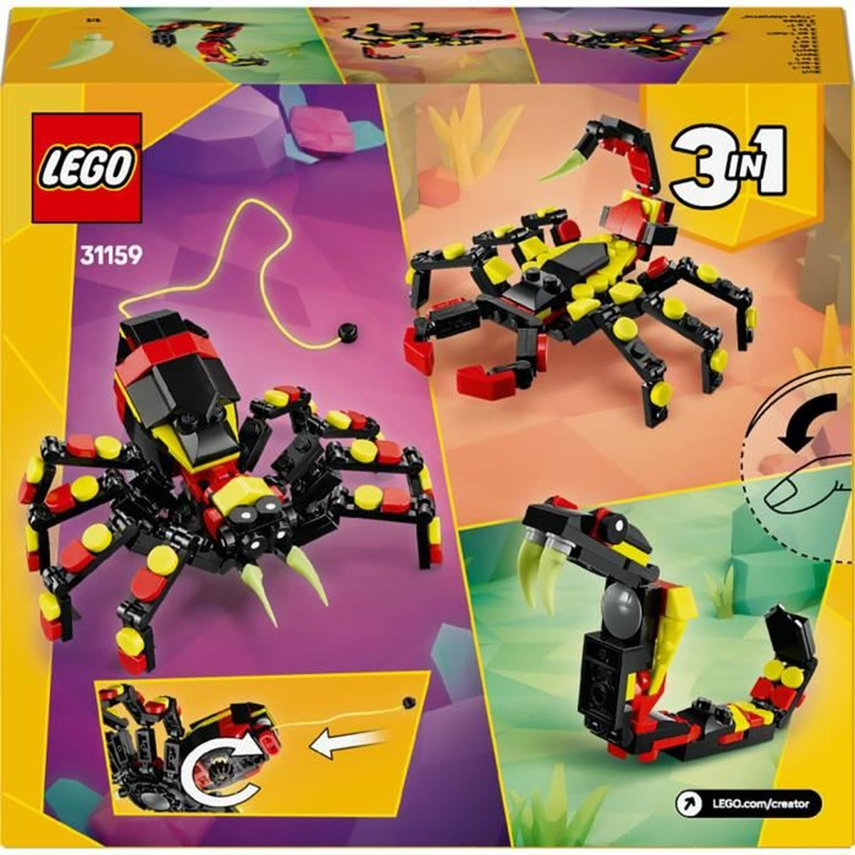 Opakowanie zestawu LEGO 3 w 1 przedstawia trzy modele: skorpiona, pająka i węża.