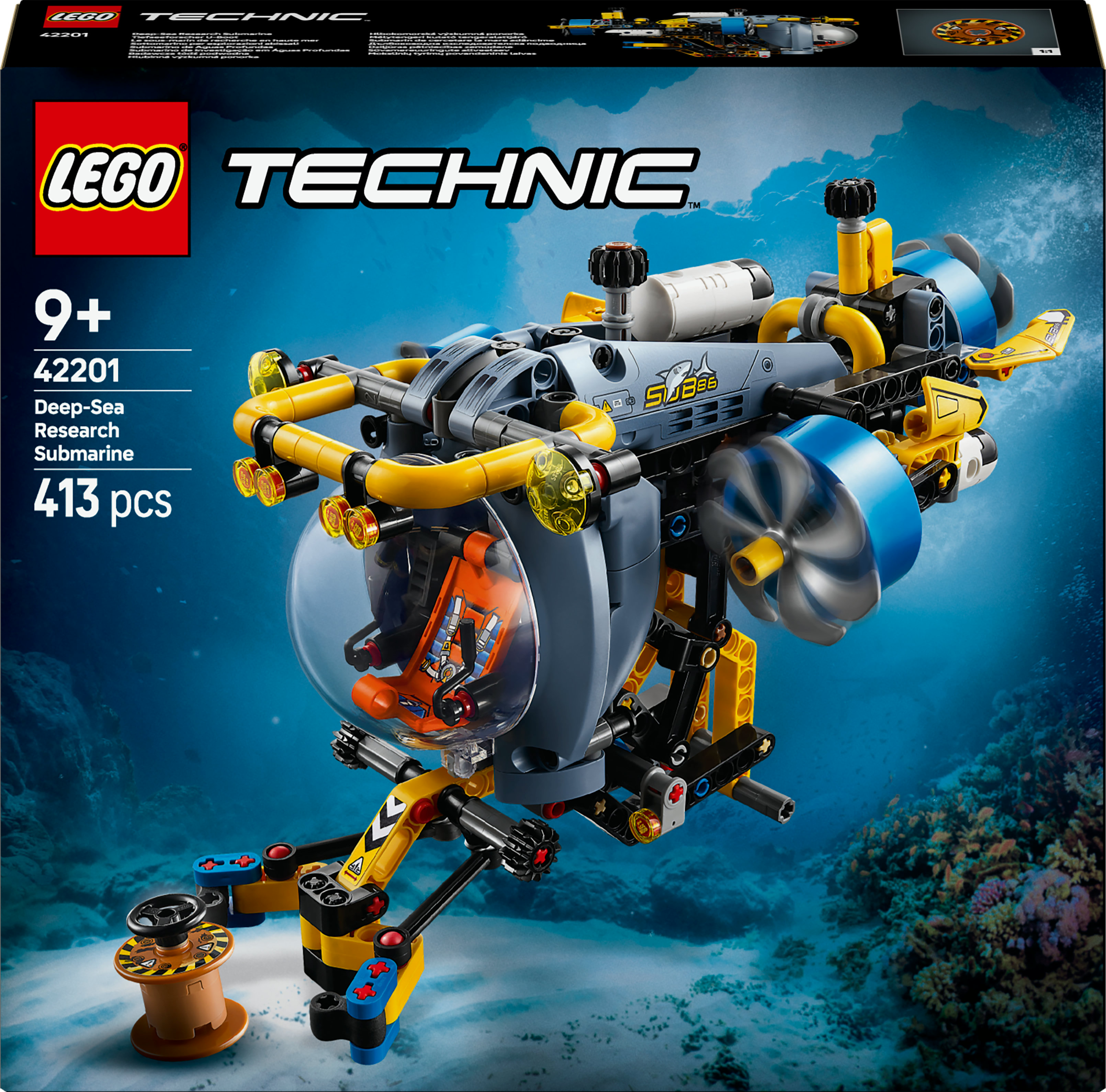 Set Lego Technic Submarino de Investigación de Aguas Profundas, con un modelo de submarino y una caja, sobre un fondo azul oscuro.