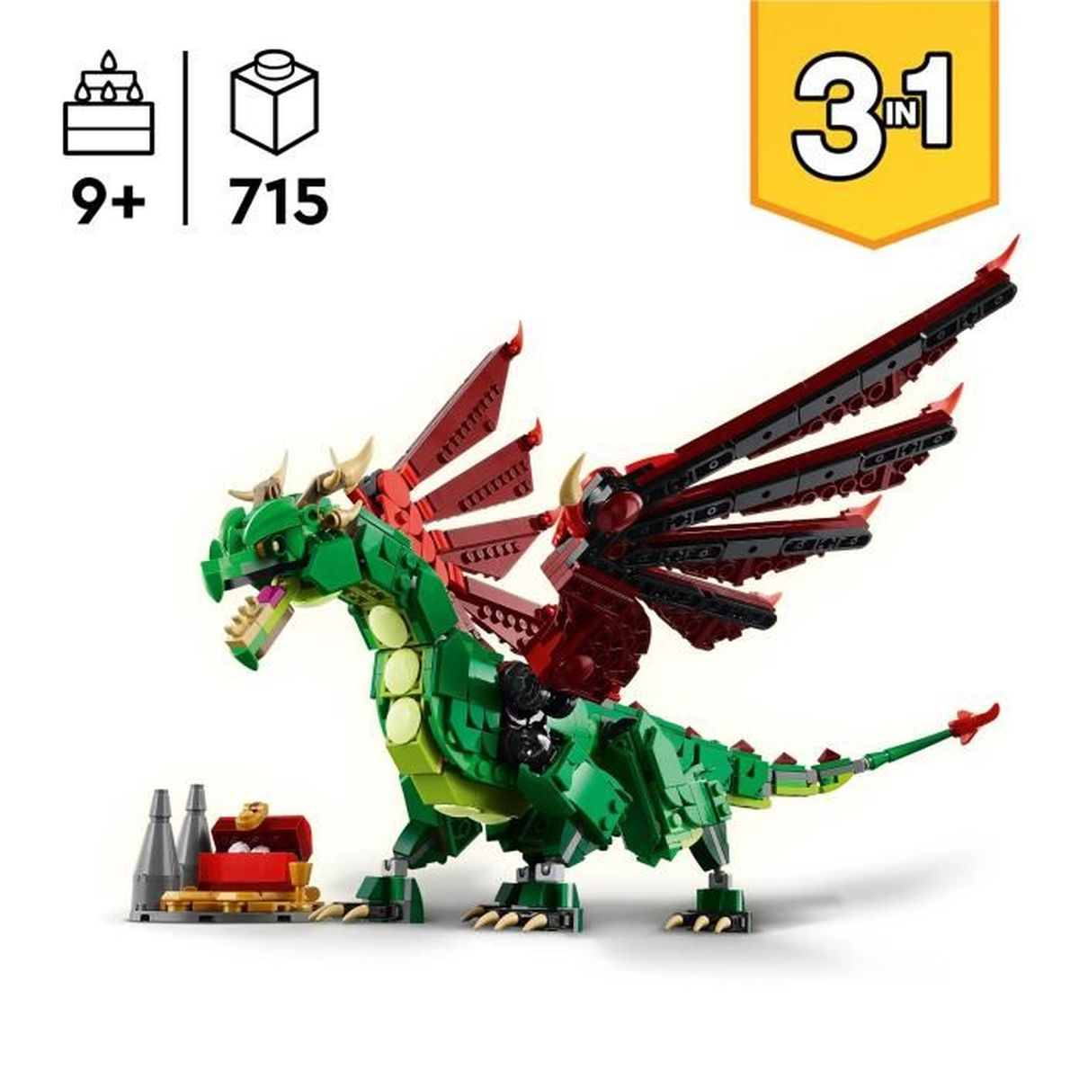 Zielony smok Lego z czerwonymi skrzydłami. Ma skrzynię i etykietę 3 w 1. Zestaw dla dzieci w wieku 9+ i zawiera 715 elementów.