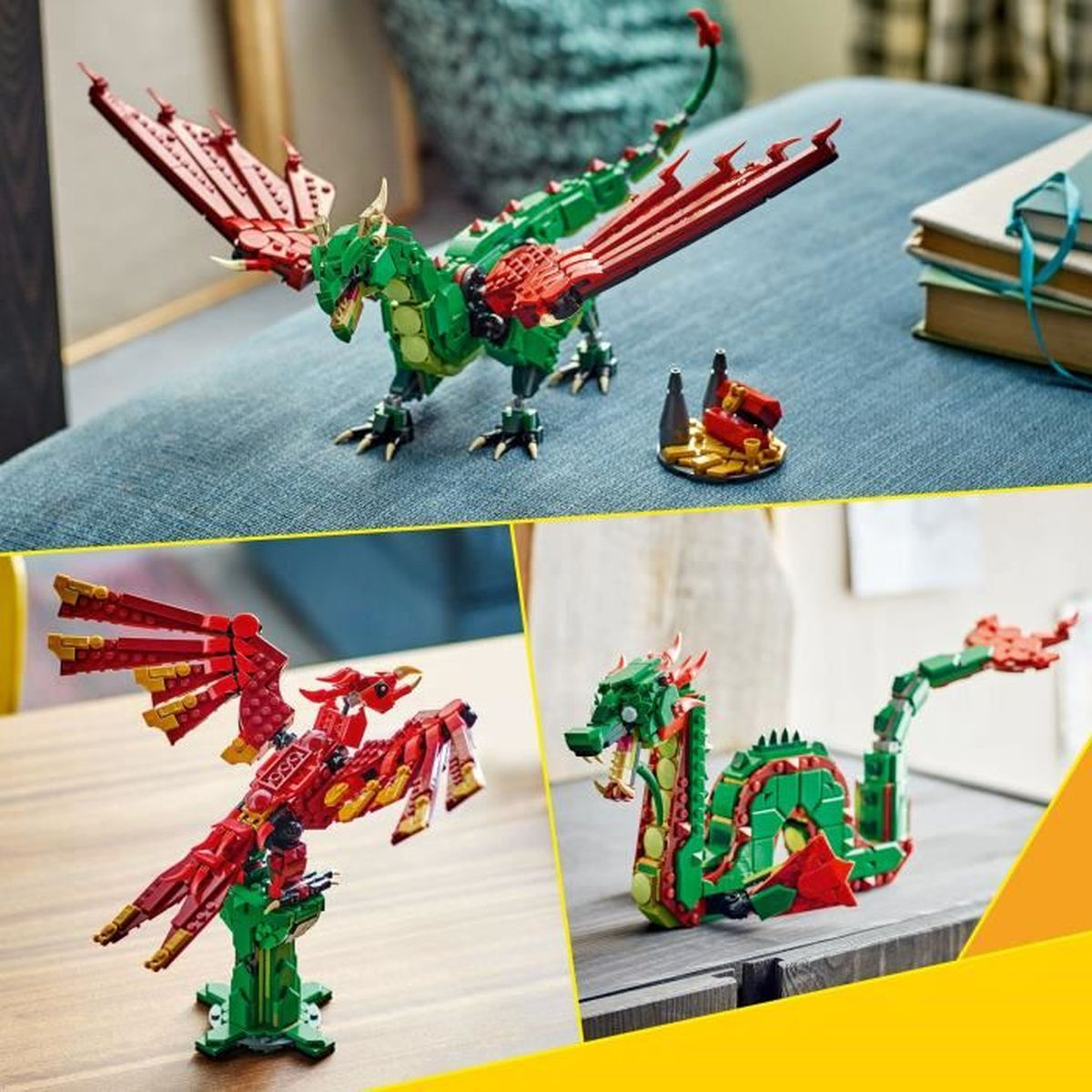 Trzy smoki LEGO wykonane z klocków. Są czerwone i zielone i znajdują się na niebieskiej powierzchni.