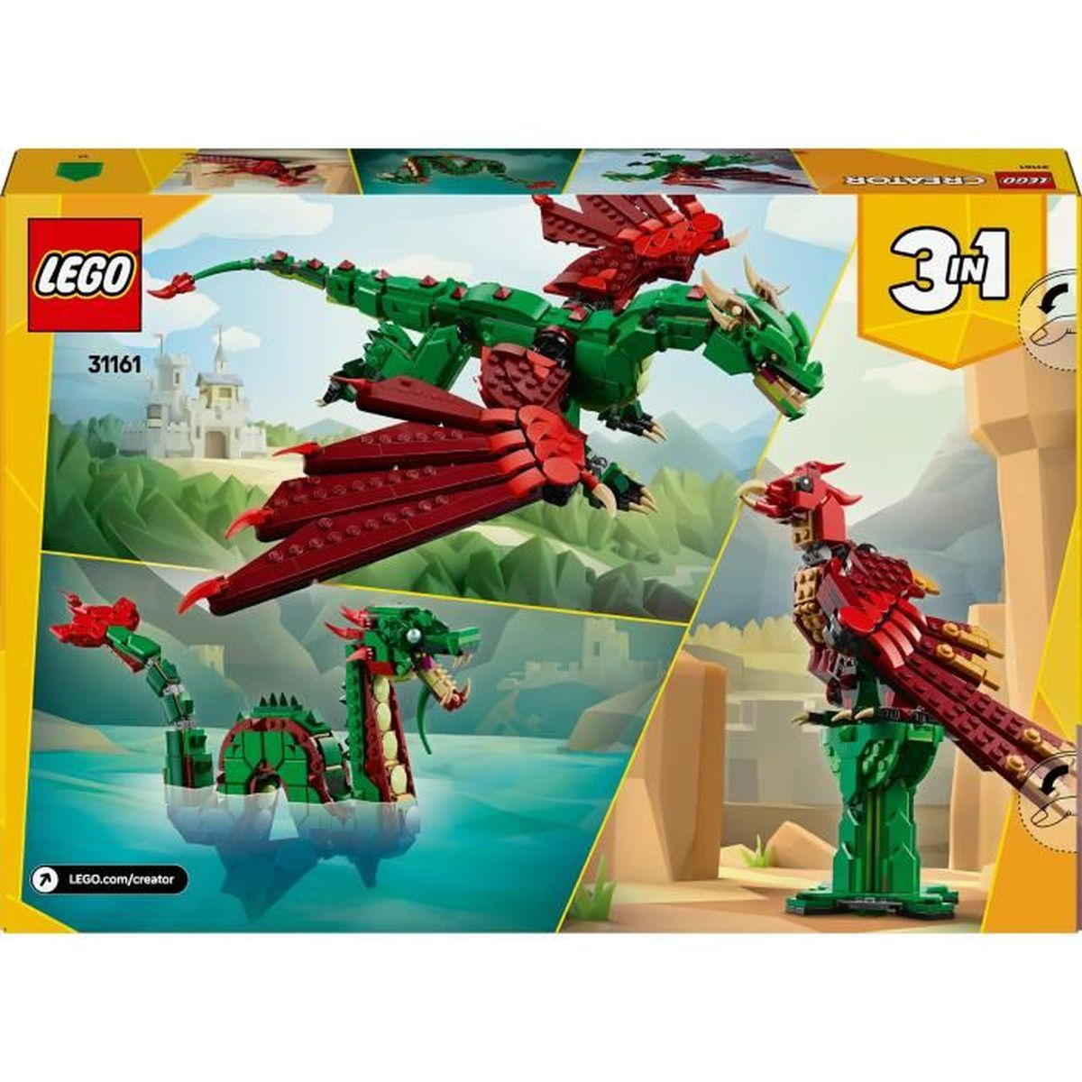 Zestaw Lego Creator z trzema modelami smoków. Pudełko pokazuje modele. Białe tło.