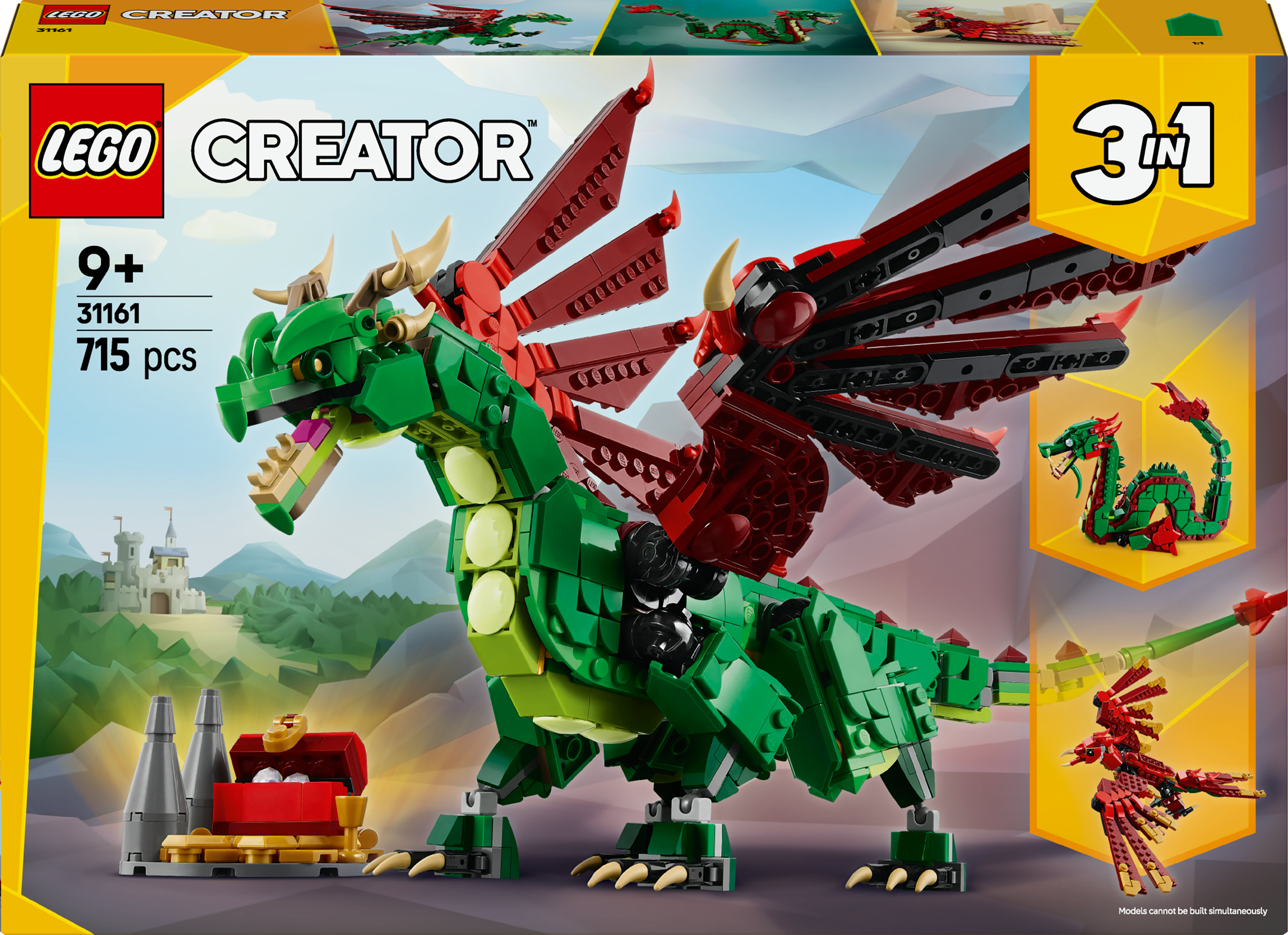 Una caja del set LEGO Creator presenta un modelo de dragón verde con alas rojas y un cofre del tesoro.