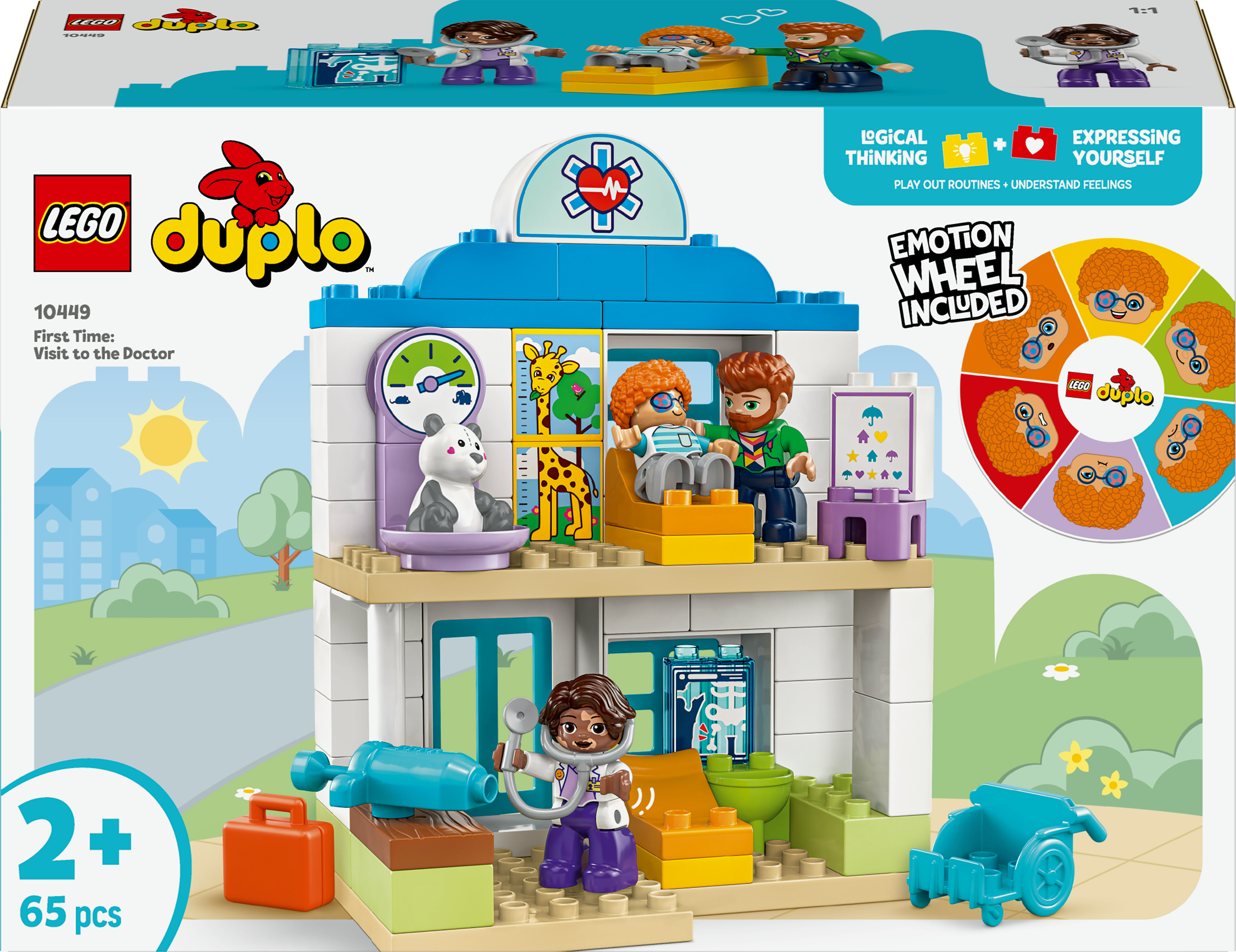 Un set LEGO Duplo muestra un edificio con un consultorio médico, pacientes y un médico con herramientas médicas.