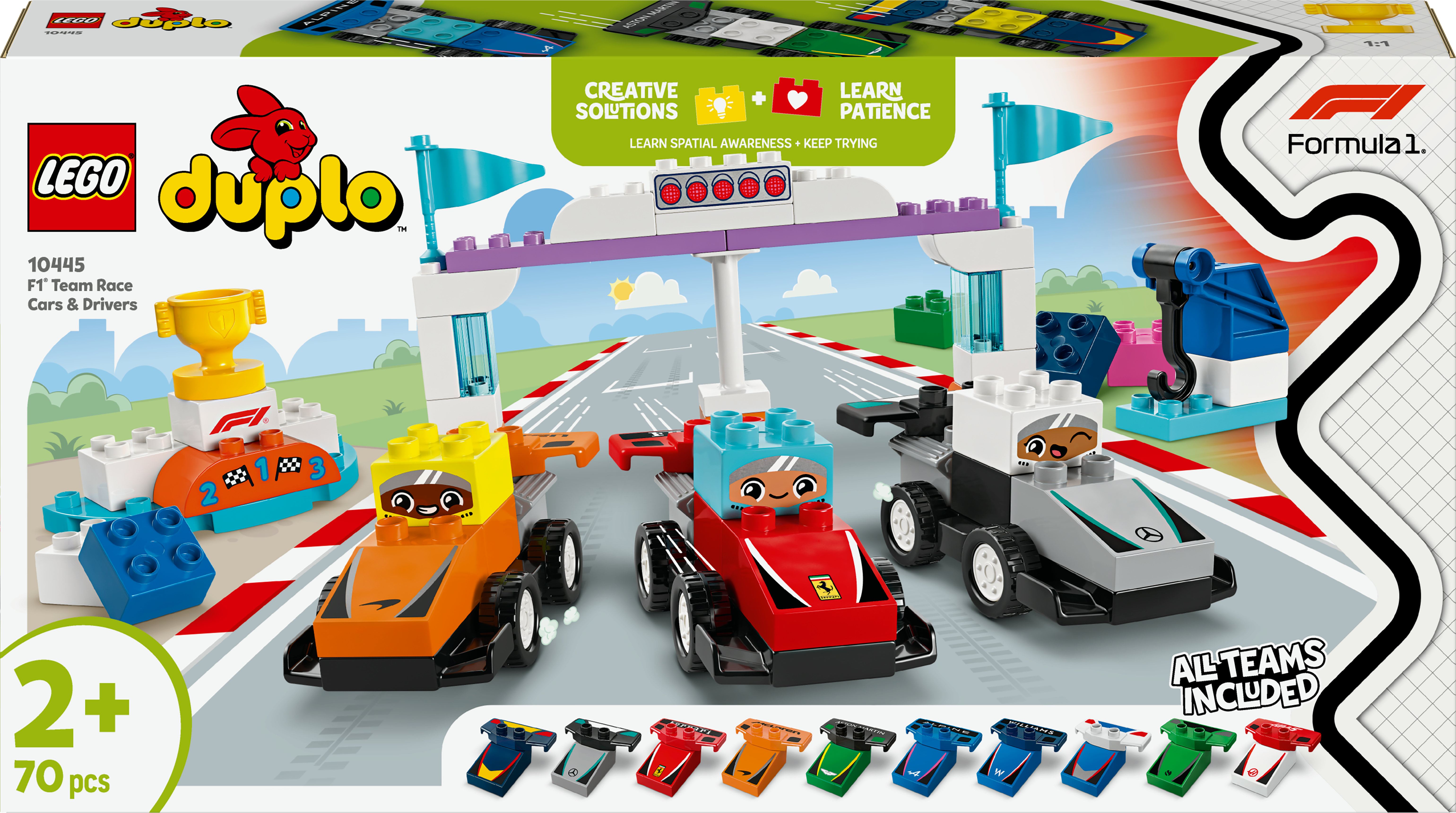 Un set Lego Duplo muestra coches de carreras, una línea de meta y un trofeo con varios logotipos de equipos.