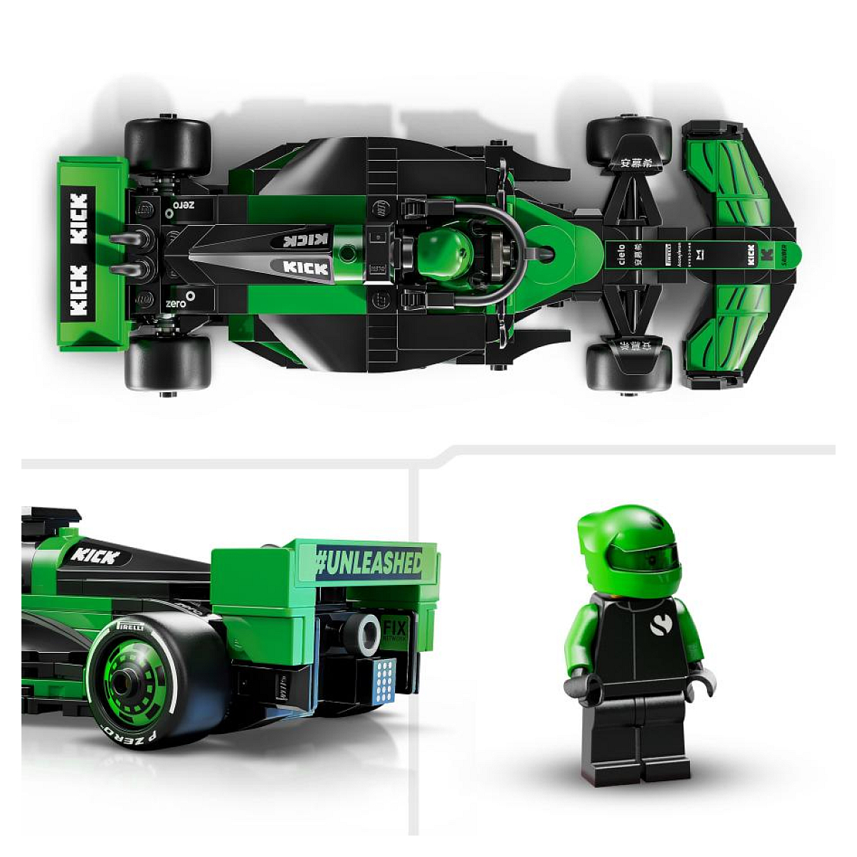 LEGO yarış arabası seti, üstten görünüm ve yandan görünüm, bir minifigür ve yeşil arka plan.