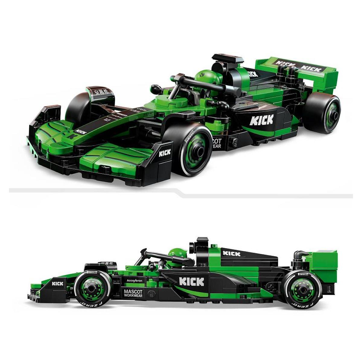İki LEGO Formula 1 yarış arabası, yeşil ve siyah, detaylı tasarım ve markalaşma ile.