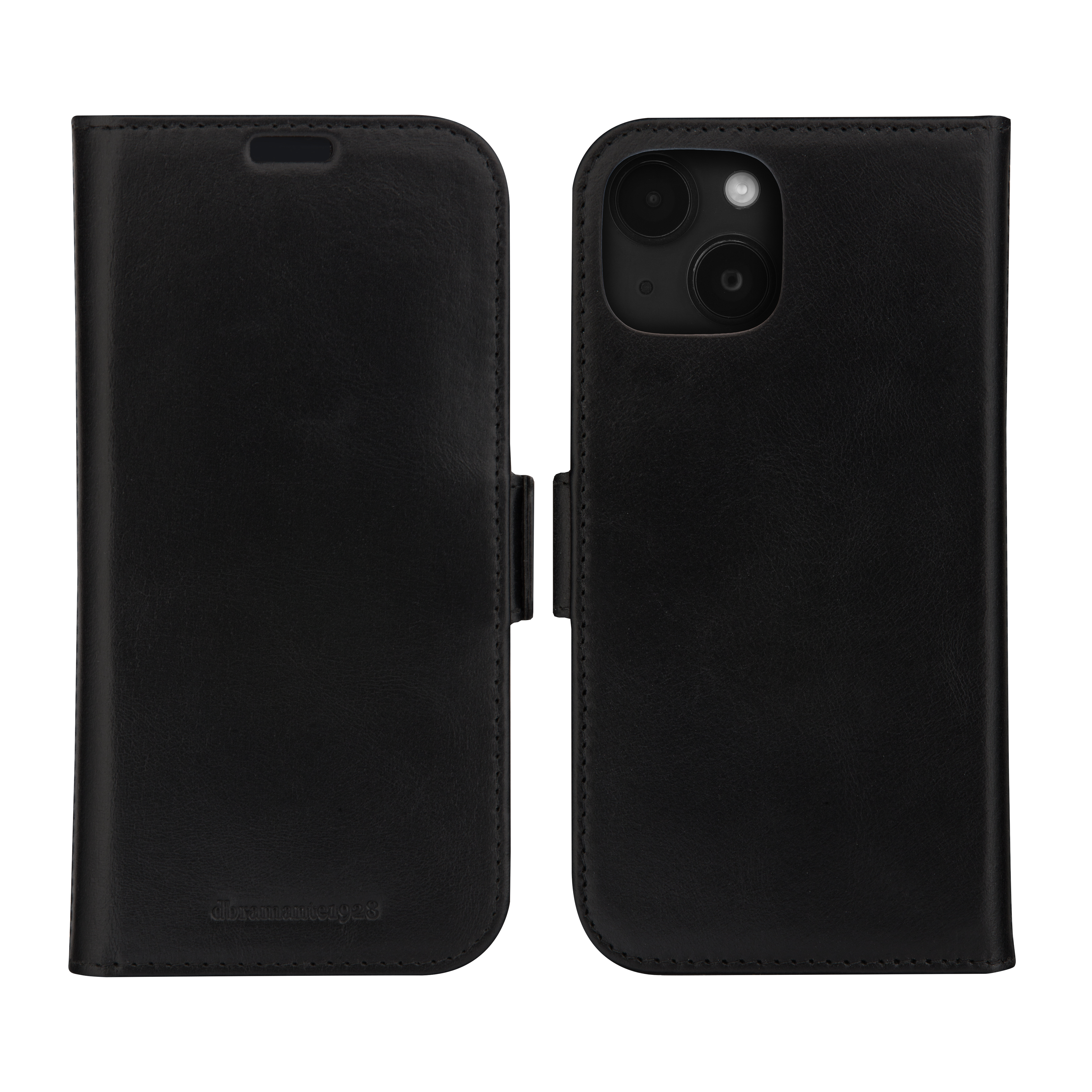 Schwarze Leder-Handyhülle offen, mit dem Telefon rechts.