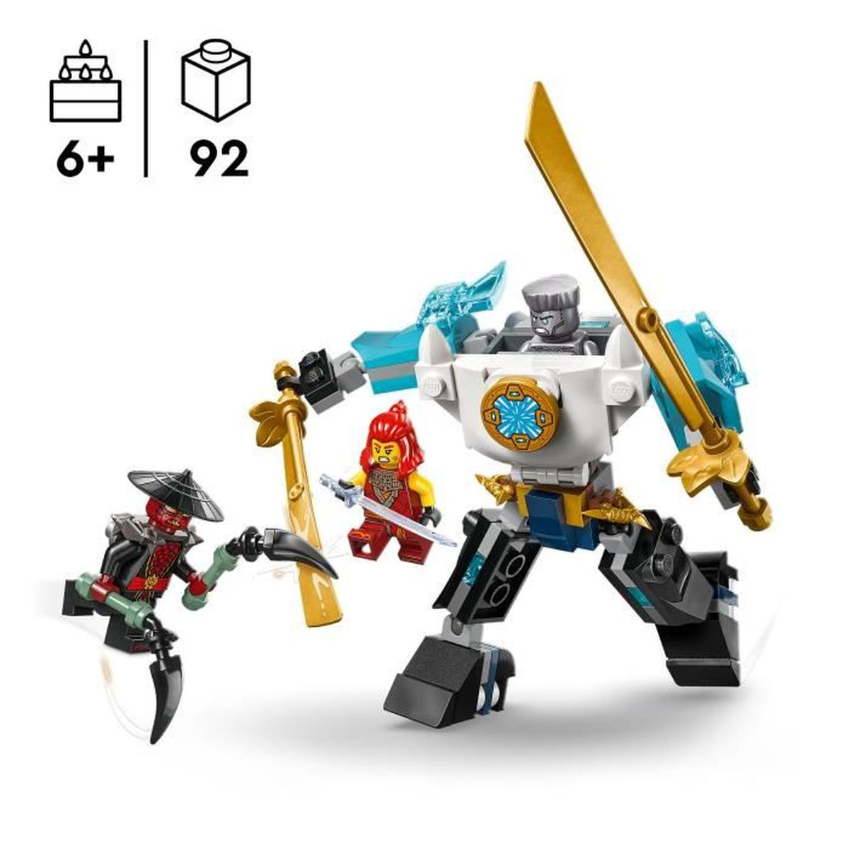 Bir Lego Ninjago seti, bir robot, bir ninja ve bir kadın karakter figürlerini içerir. Arka plan beyaz.