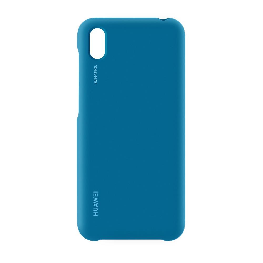Niebieskie etui na telefon. Z tyłu widoczny aparat i nazwa marki Huawei.
