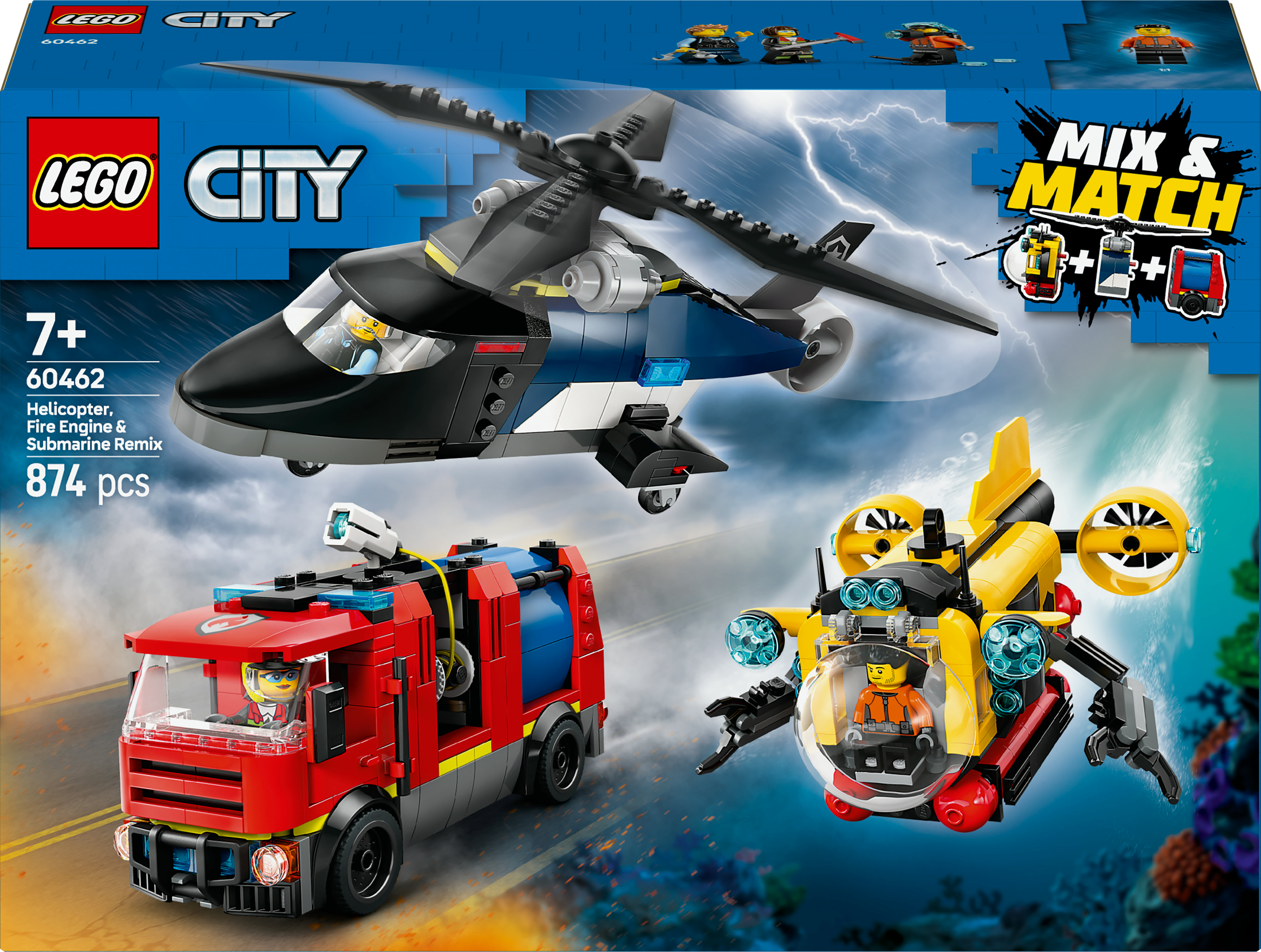 Caja de set de Lego de un helicóptero, un camión de bomberos y un submarino. El helicóptero es negro y azul.