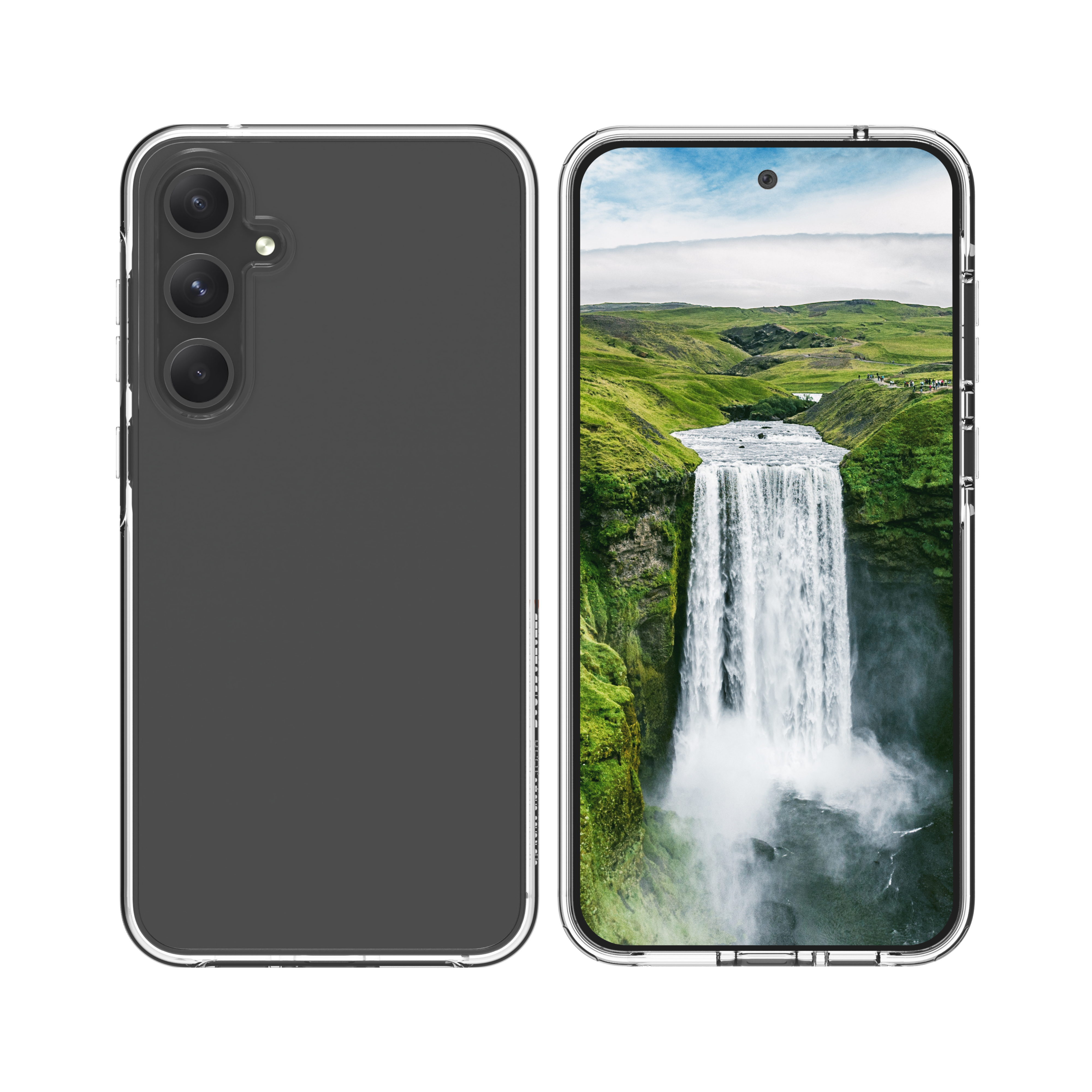 Due smartphone, uno in una custodia trasparente. Uno mostra un paesaggio a cascata.